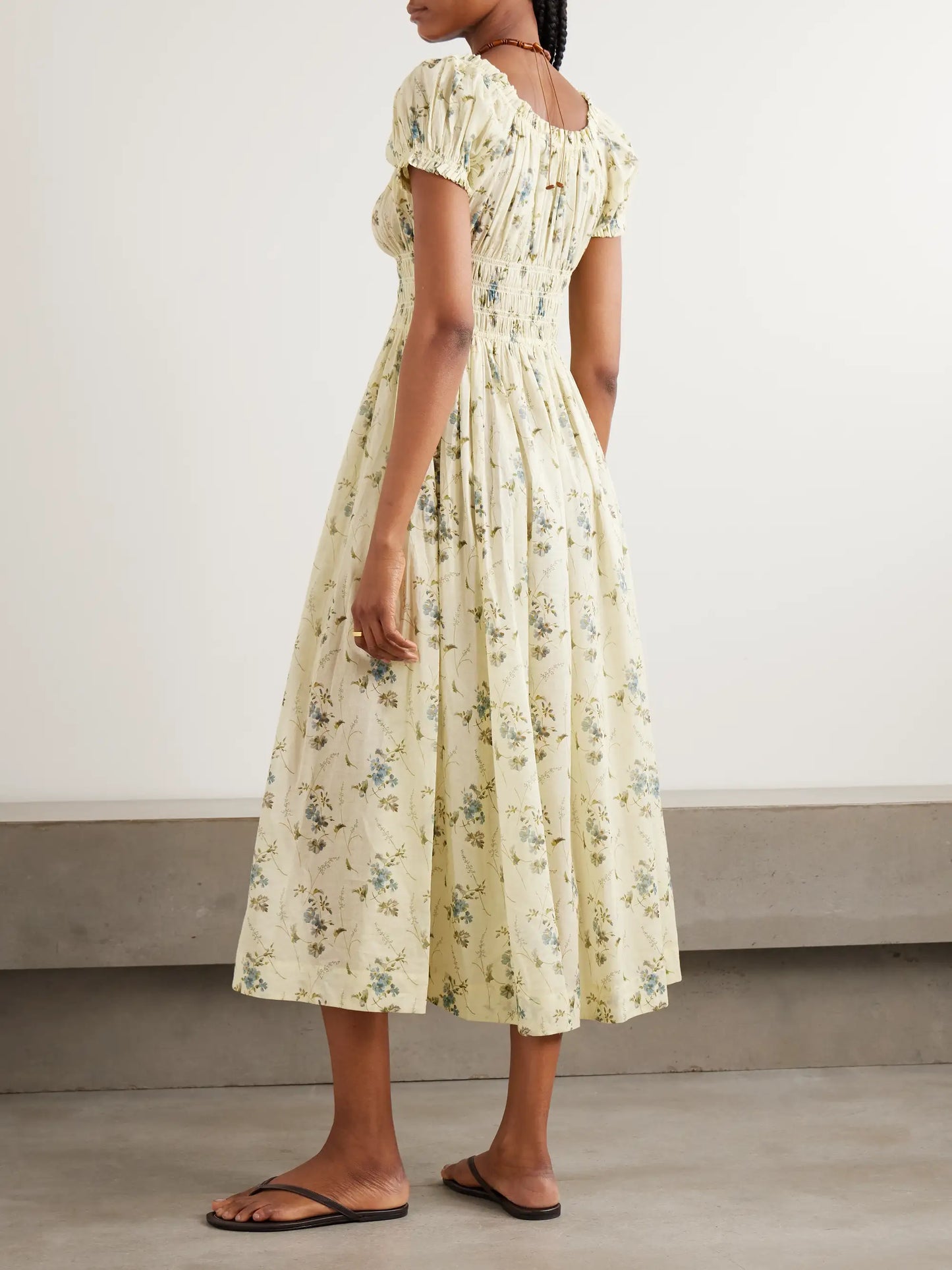 Ashlynn Tie-detailed Shirred Floral-print Organic Cotton-voile Midi Dress