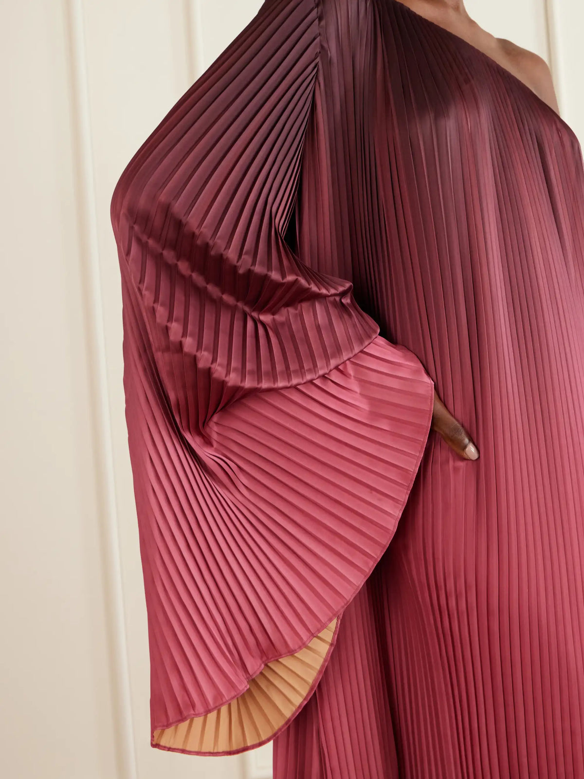 One-shoulder Pleated Satin Midi Dress