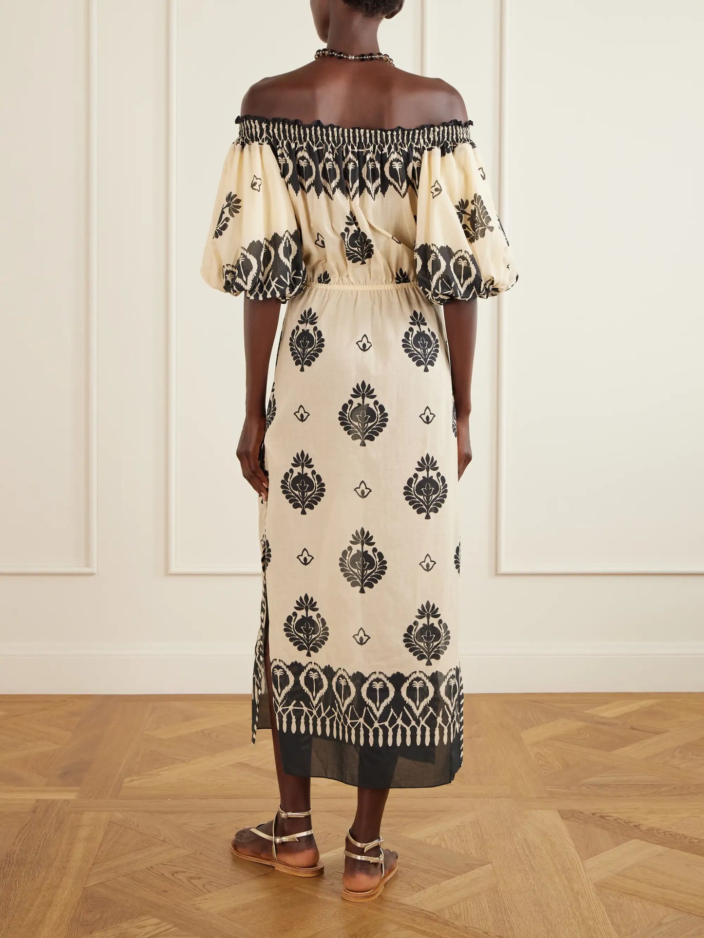 Harbor Hues Off-the-shoulder Ruched Printed Cotton-poplin Midi Dress
