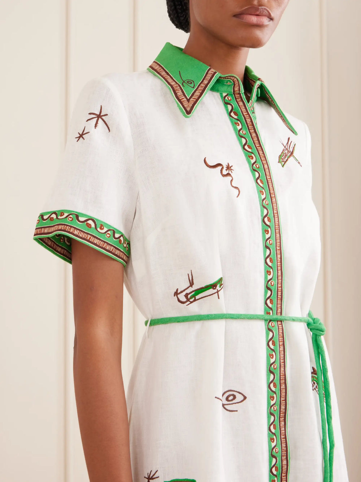Wanda Belted Embroidered Linen Midi Shirt Dress