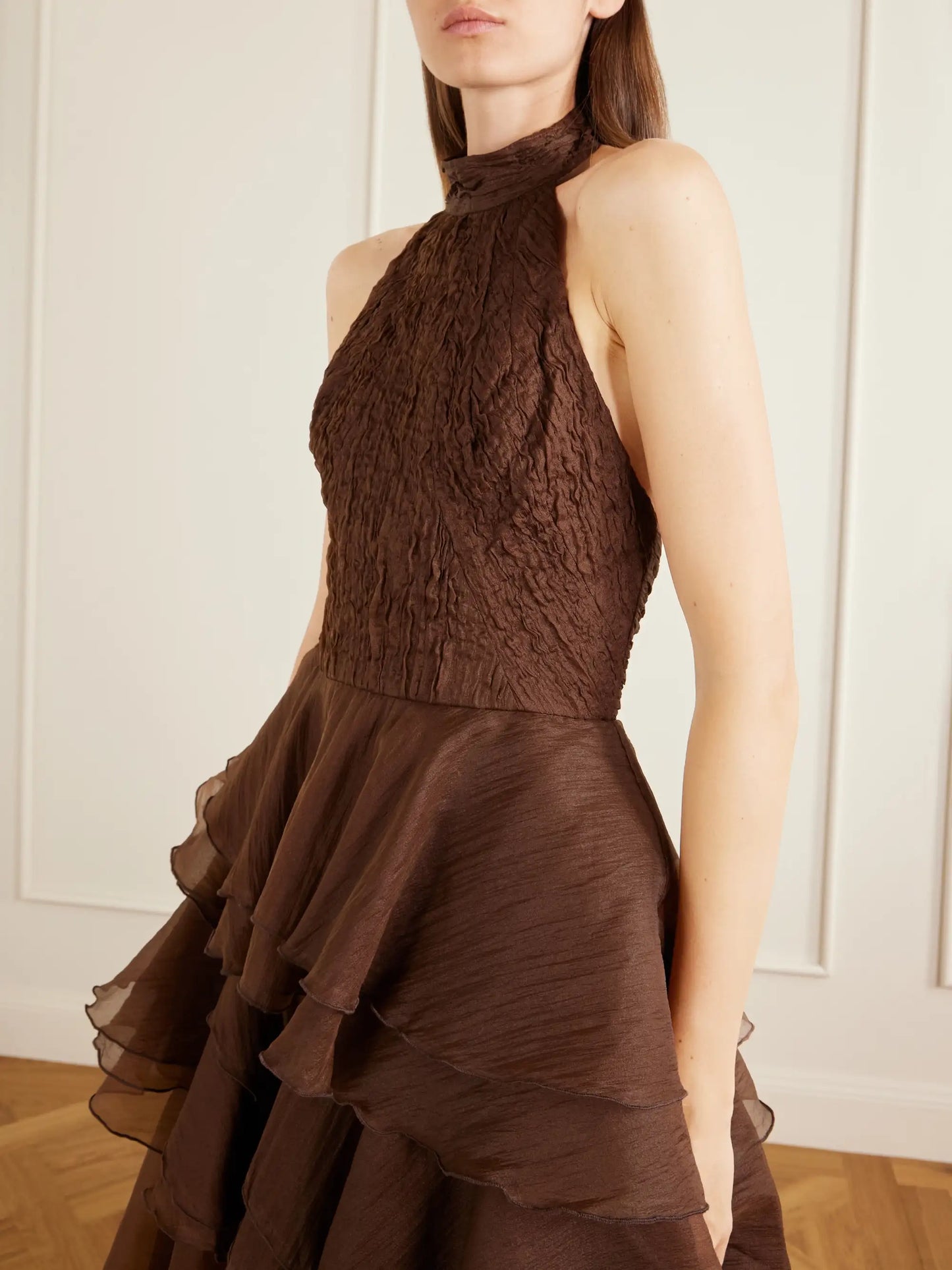 Fayette Tiered Ruffled Crepon Halterneck Gown