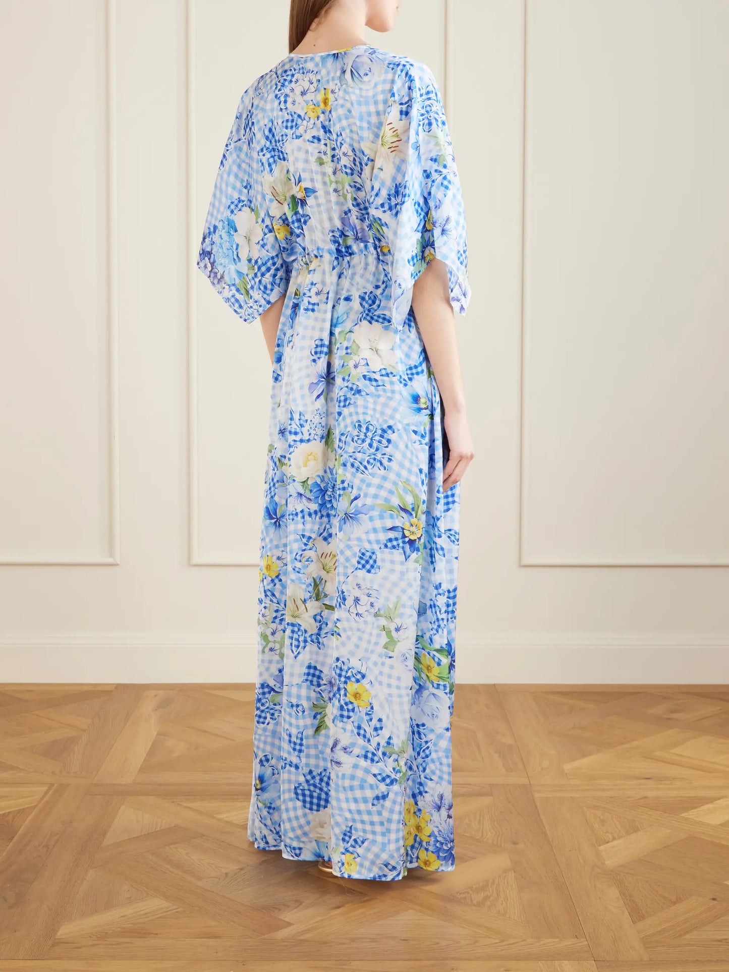 Taormina Checked Floral-print Satin Kaftan
