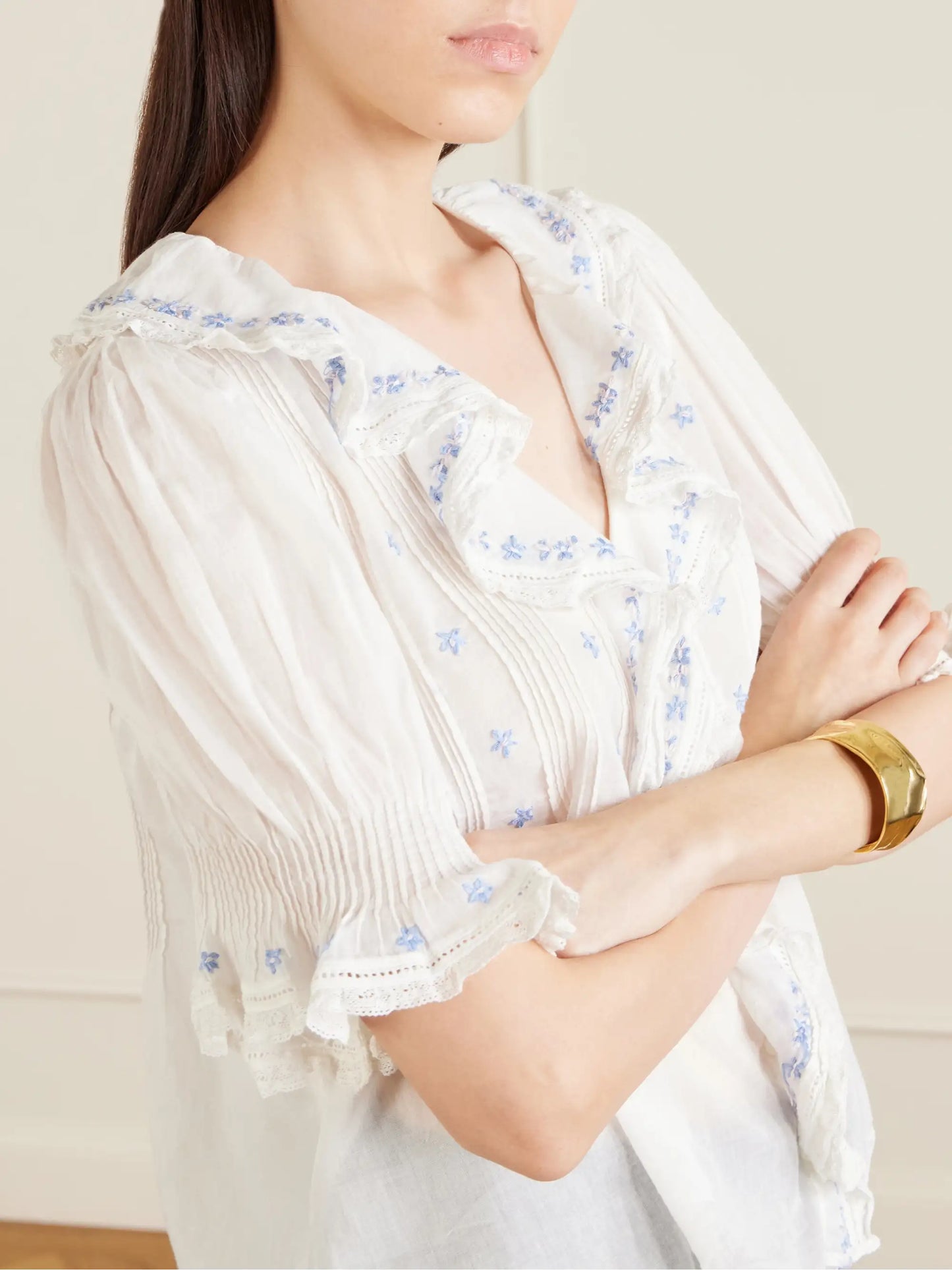 Hettie Lace-trimmed Embroidered Organic Cotton-voile Blouse