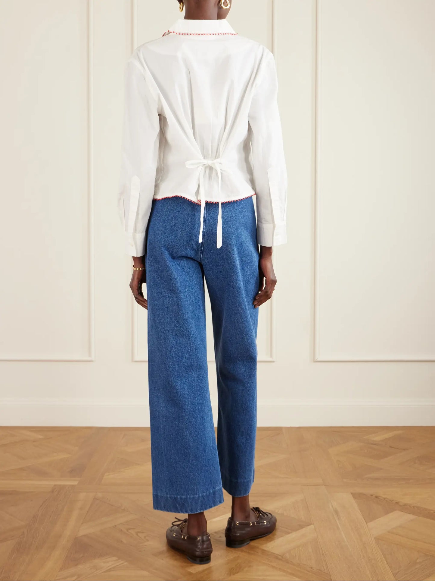 Redbud Cropped Embroidered Cotton-poplin Shirt