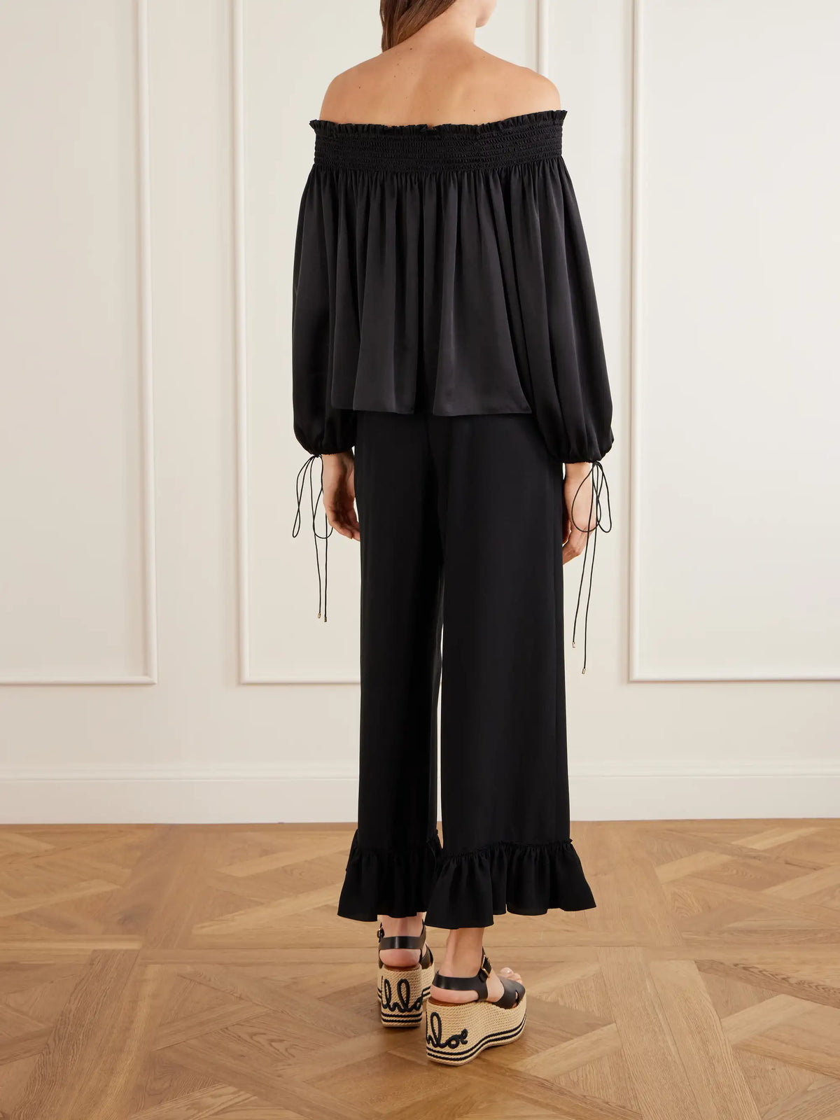Off-the-shoulder Gathered Silk-satin Blouse