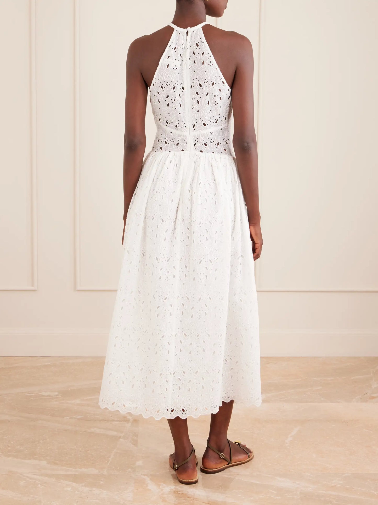 Scalloped Broderie Anglaise Ramie Halterneck Midi Dress