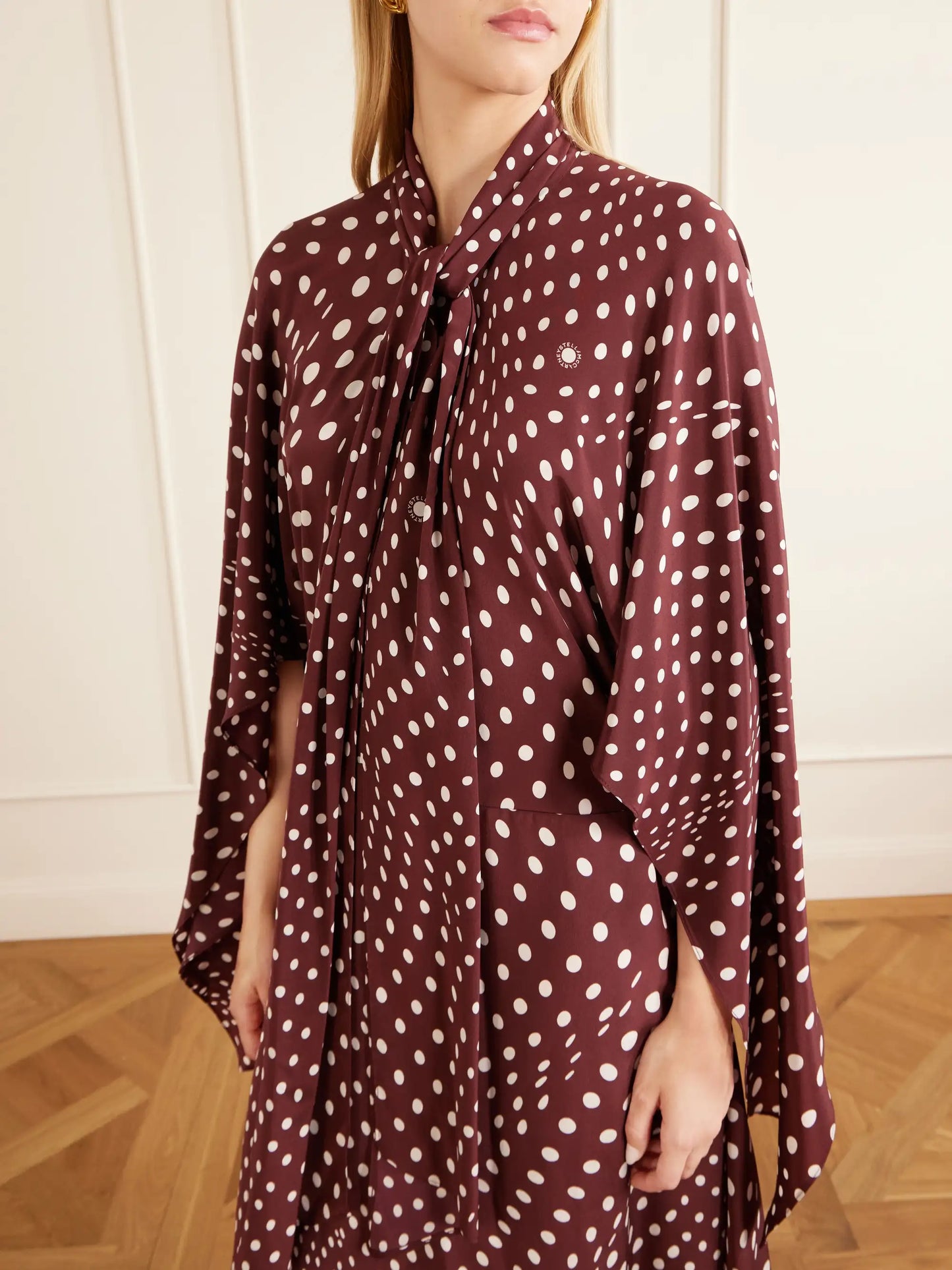 Tie-detailed Draped Polka-dot Silk Midi Dress