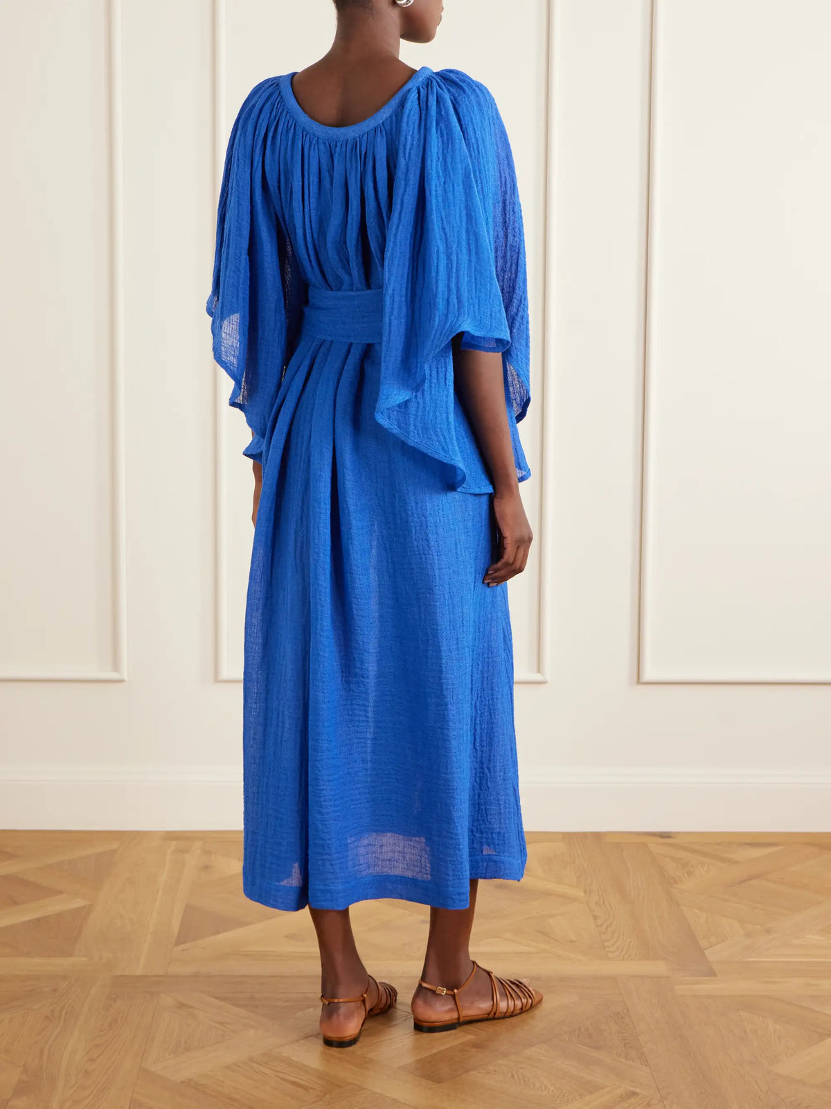 Embellished Belted Crinkled Linen-blend Gauze Midi Dress