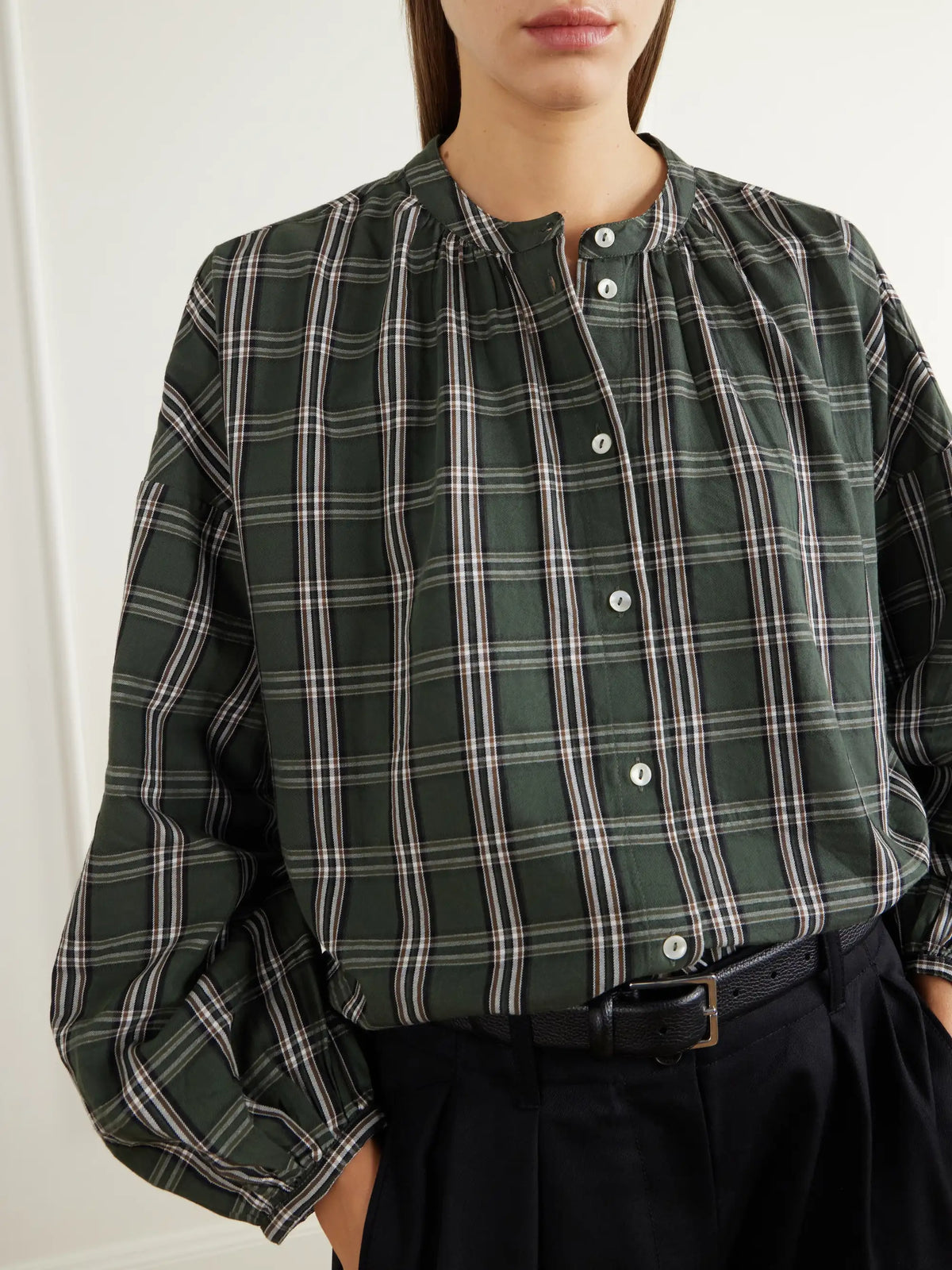 SKALL Cilla Gathered Checked Organic Cotton-poplin Blouse