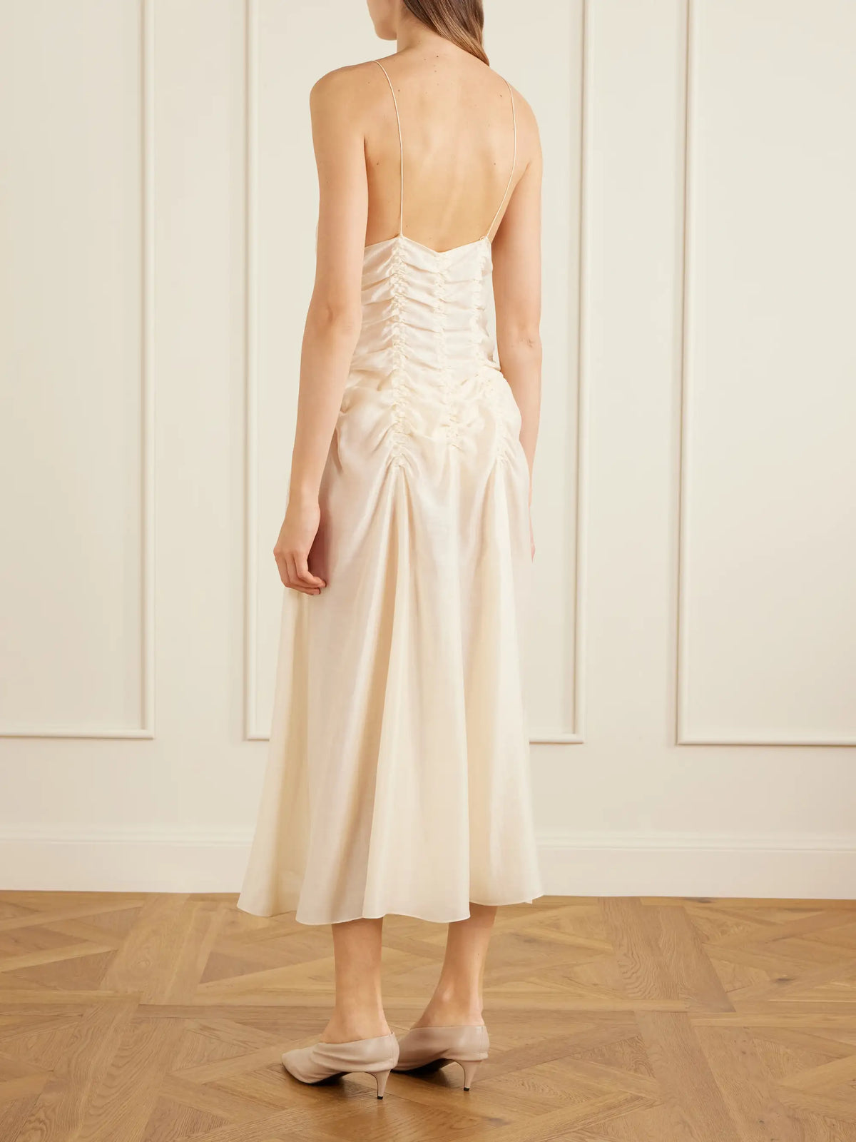 KHAITE Raina Ruched Silk-blend Midi Dress