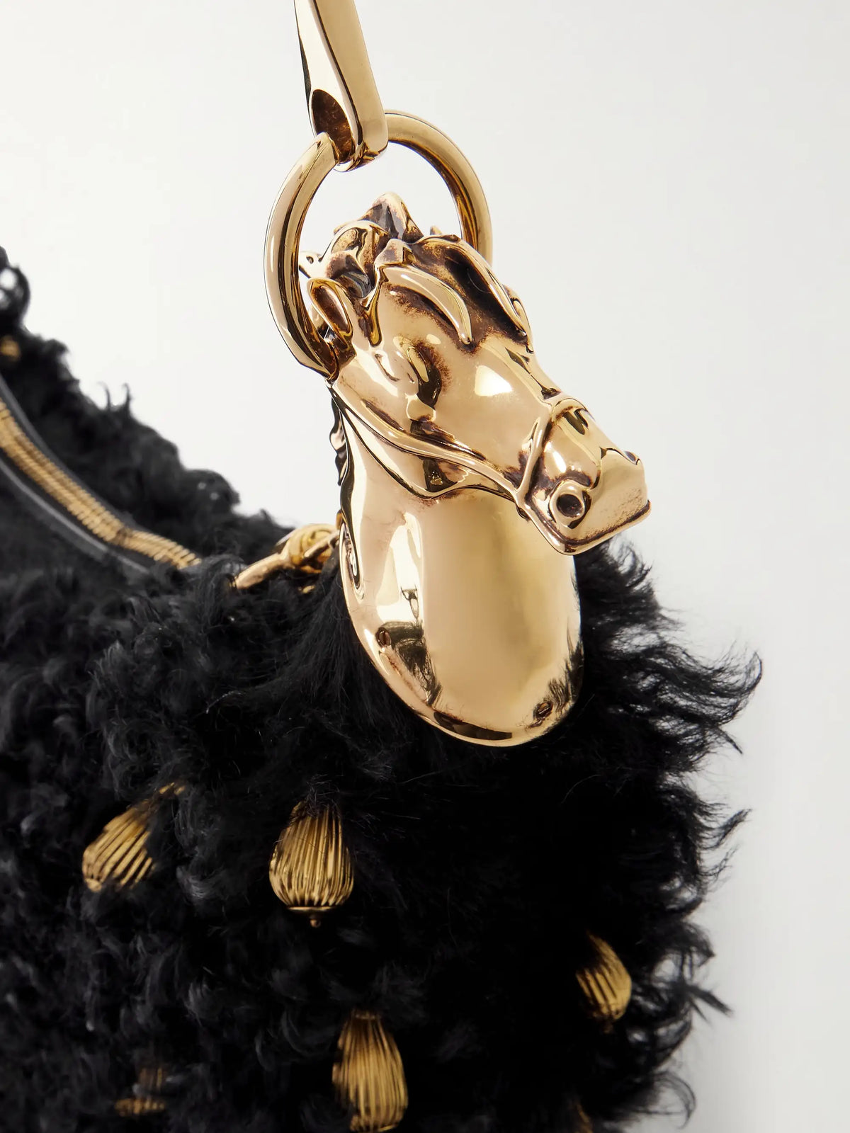 Chain Horse Embellished Shearling Shoulder Bag