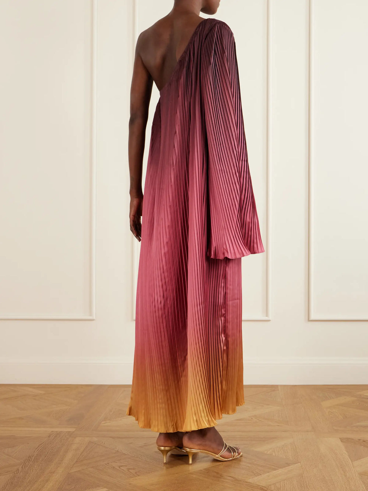 One-shoulder Pleated Satin Midi Dress