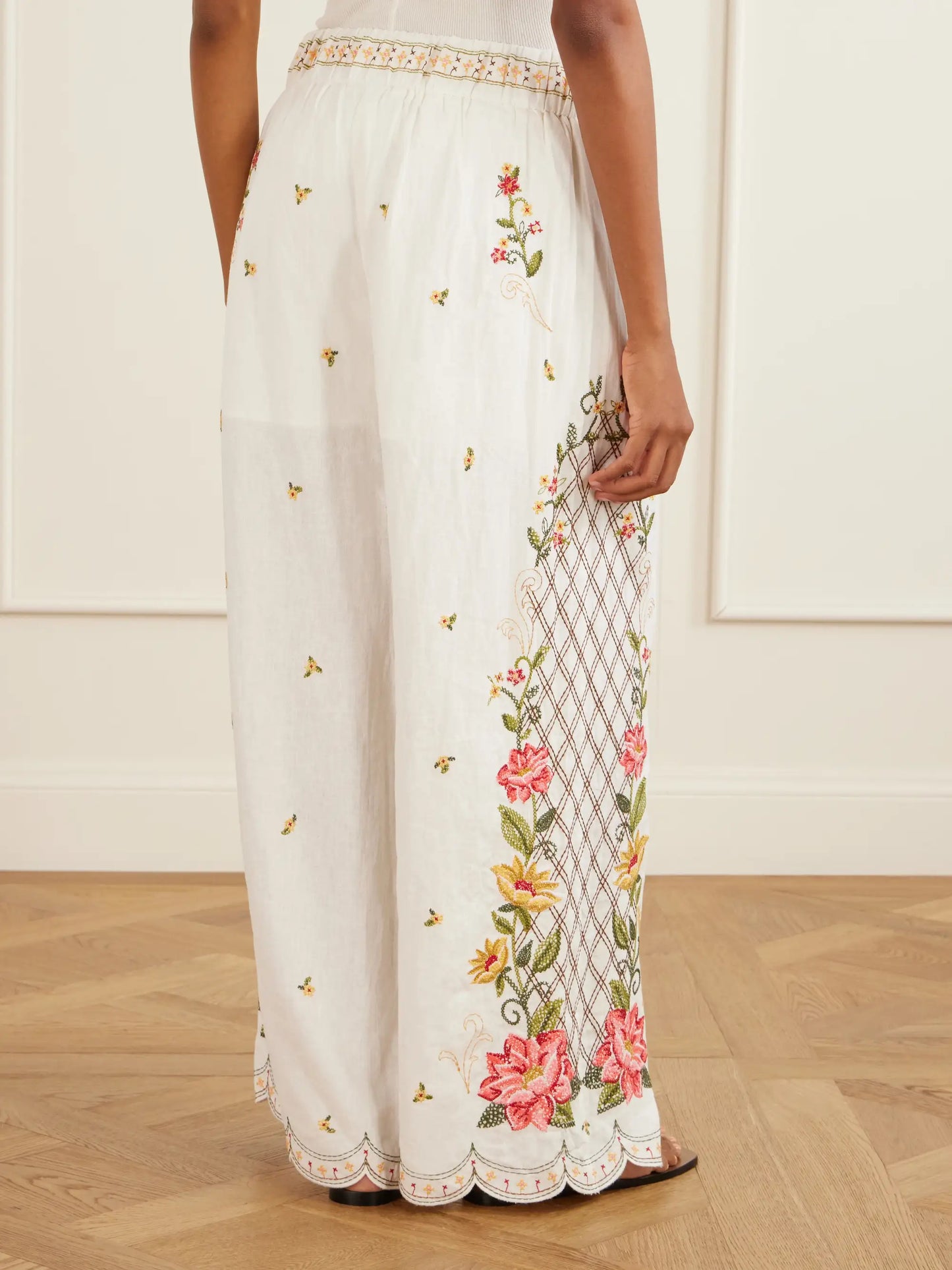 Embroidered Linen-blend Wide-leg Pants
