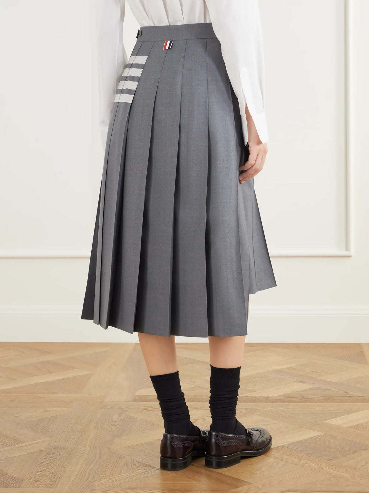 Thom Browne Pleated 4-bar Woven Wool Midi-skirt