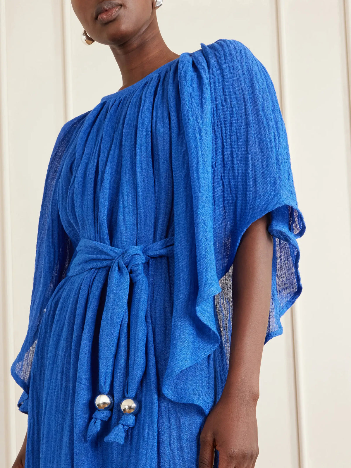 Embellished Belted Crinkled Linen-blend Gauze Midi Dress