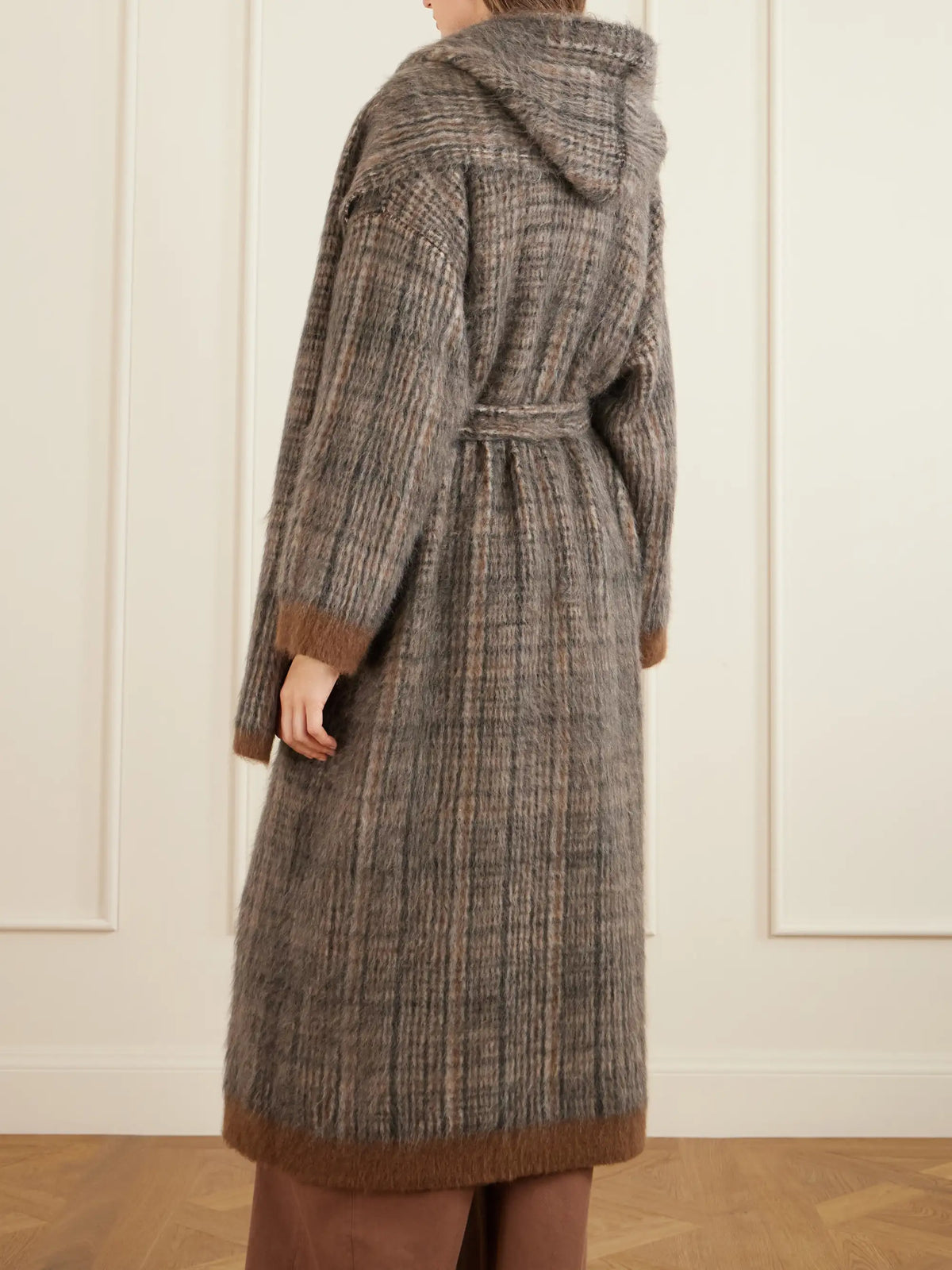 Brunello Cucinelli Scarf-detailed Belted Checked Brushed Wool-blend Coat