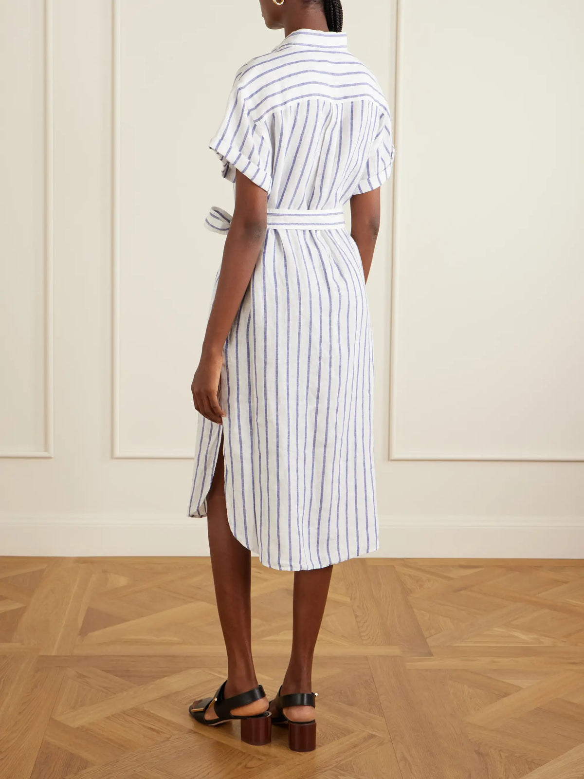 Belted Striped Linen Midi Dress