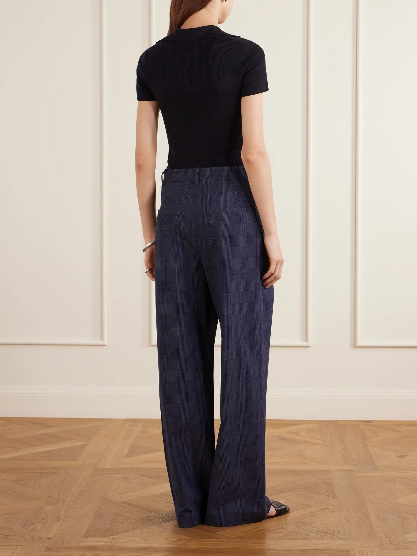 Stella Pleated Checked Wool And Cotton-blend Wide-leg Pants
