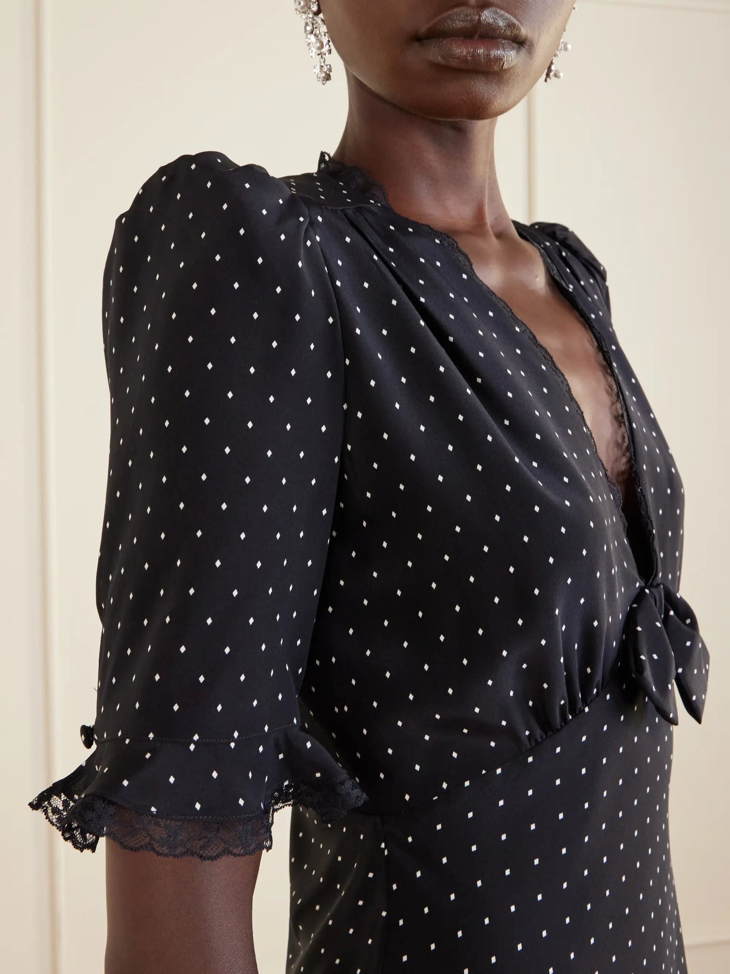 Bow-embellished Polka-dot Silk-satin Mini Dress