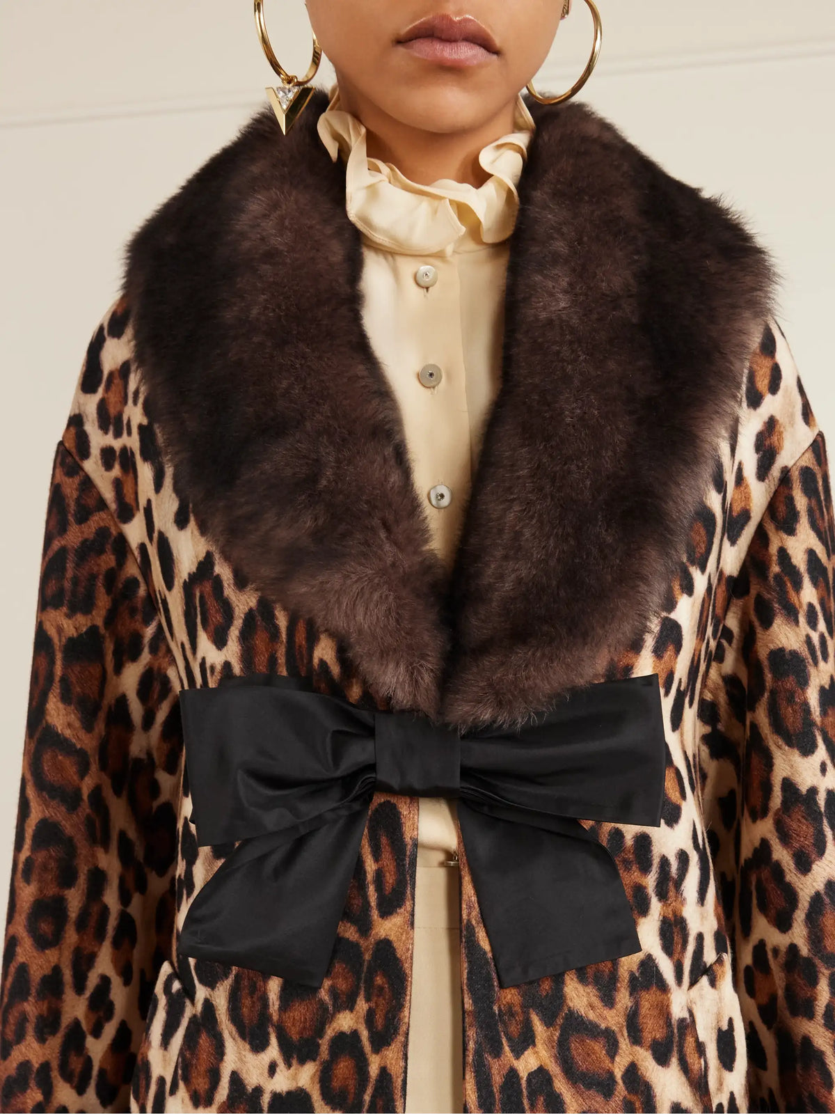 Bow-embellished Shearling-trimmed Leopard-print Wool Coat