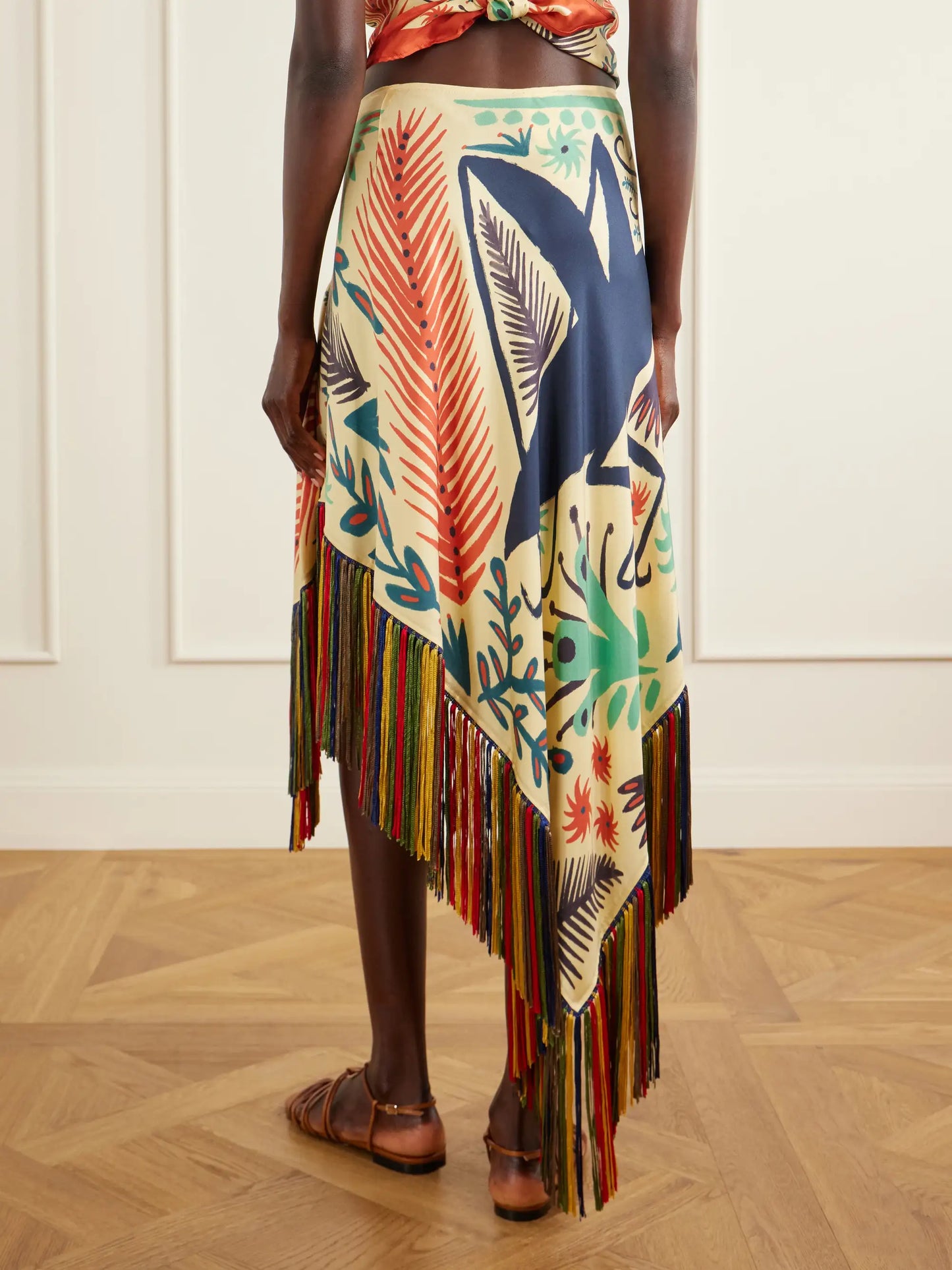 Asymmetric Fringed Printed Silk-twill Mini Skirt