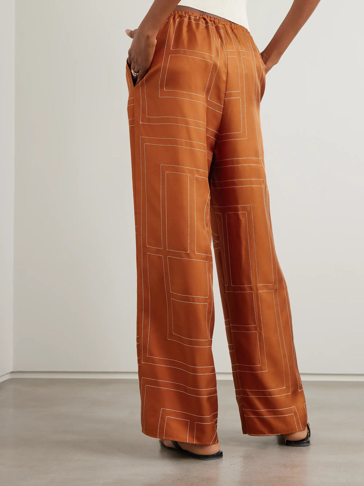 Embroidered Silk-twill Wide-leg Pants