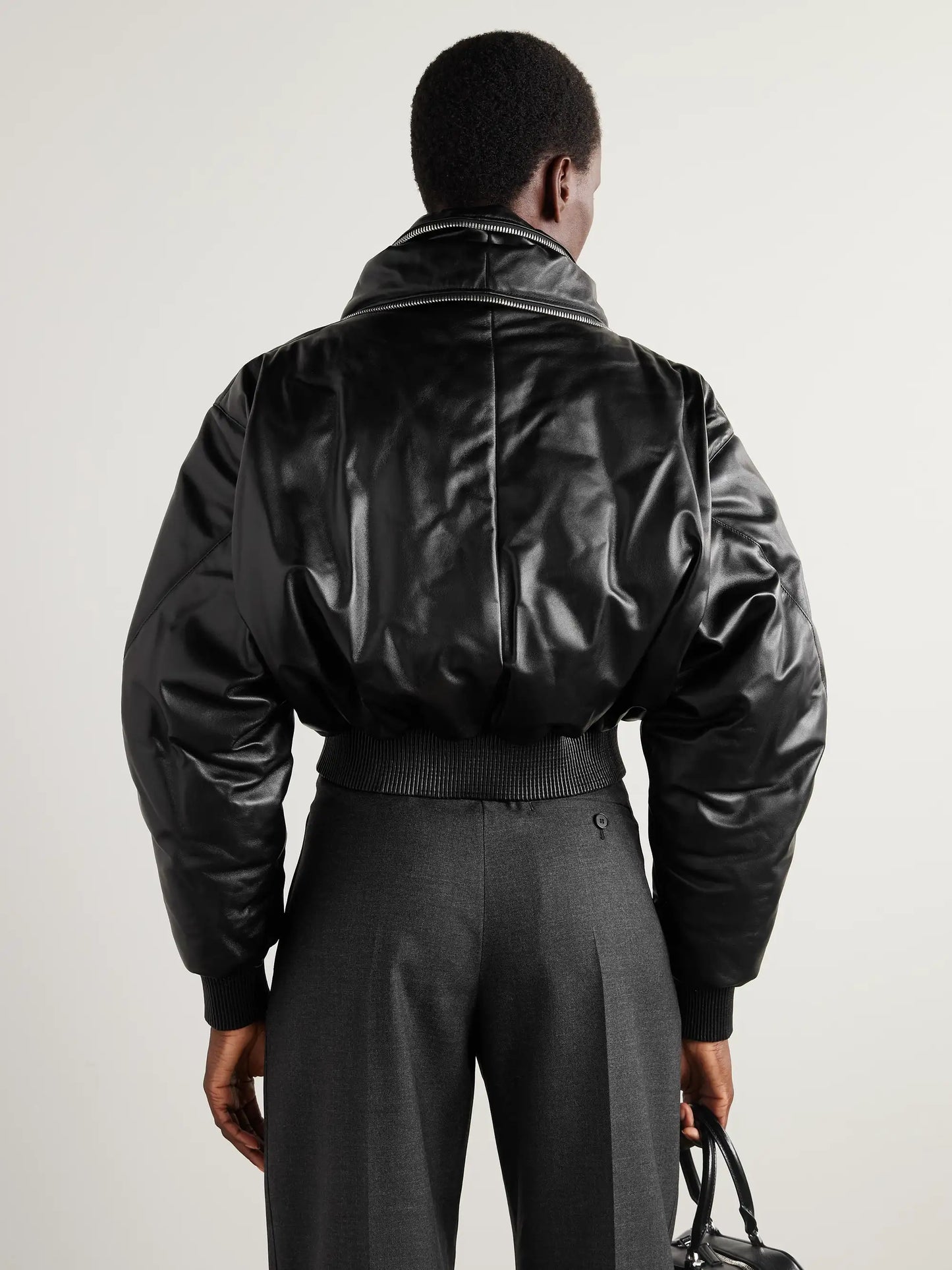 Cropped Layered Leather Bomber Jacket