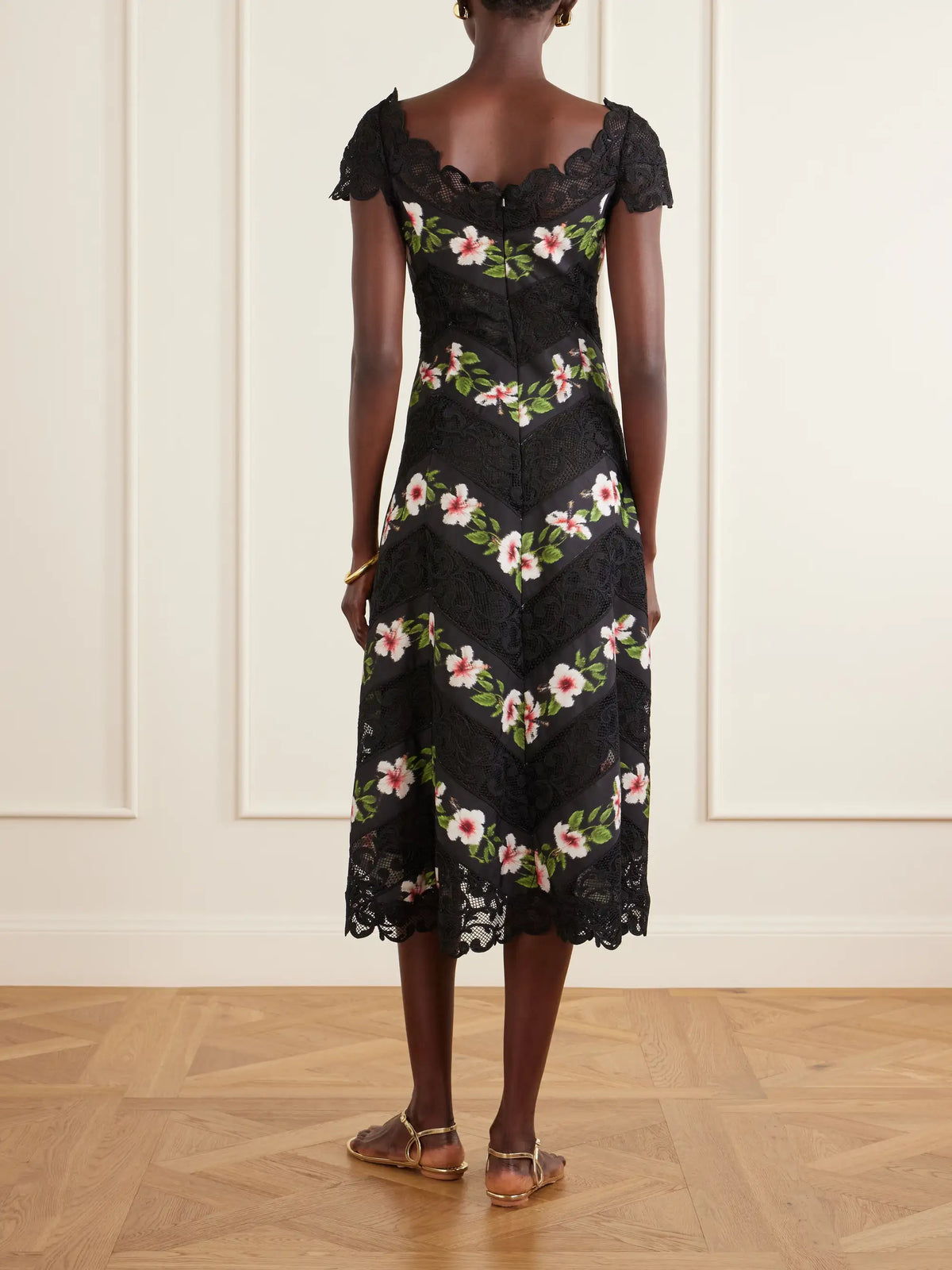 Floral-print Faille And Lace Midi Dress
