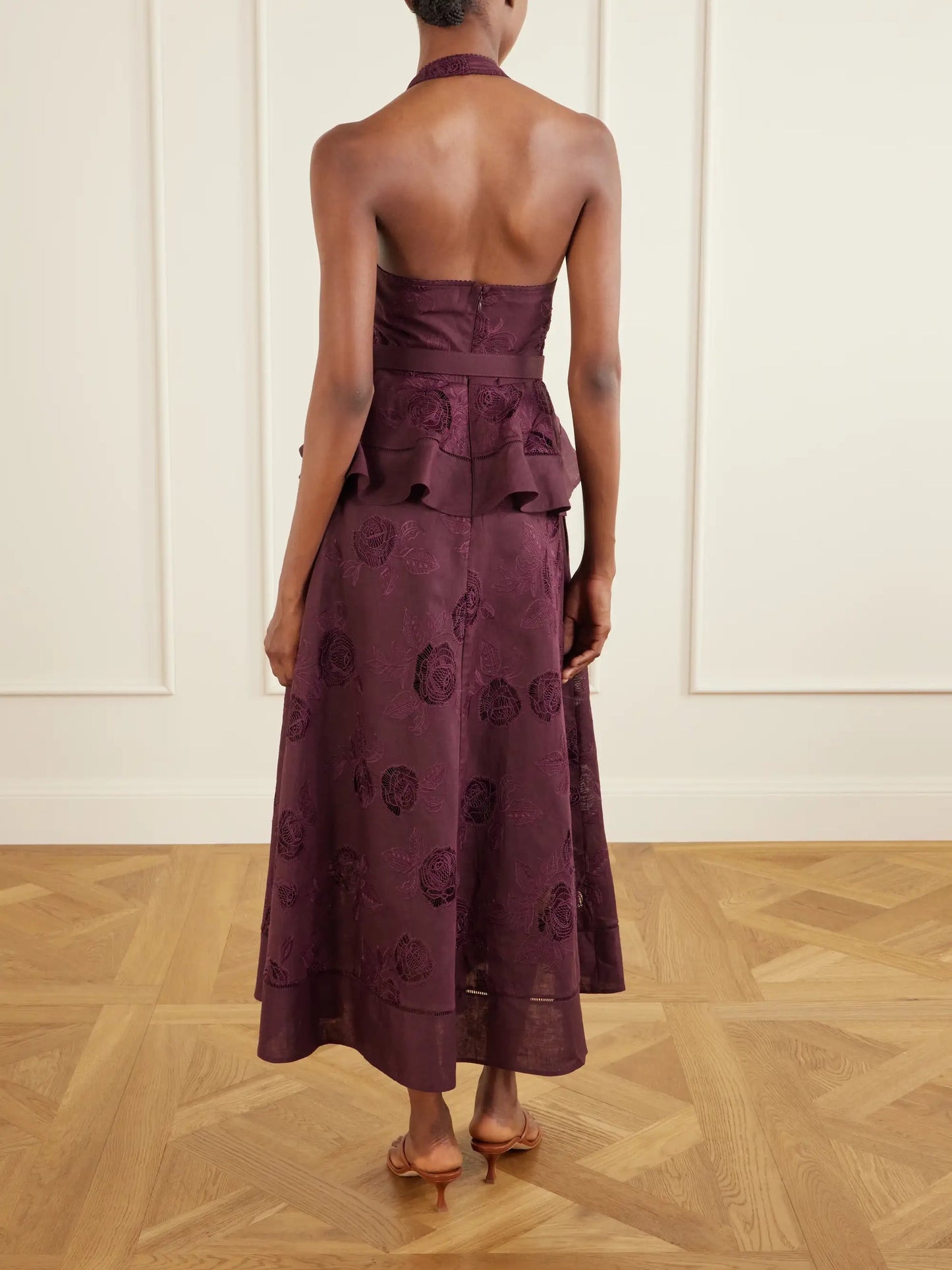 Belted Broderie Anglaise-trimmed Linen And Cotton-blend Peplum Midi Dress