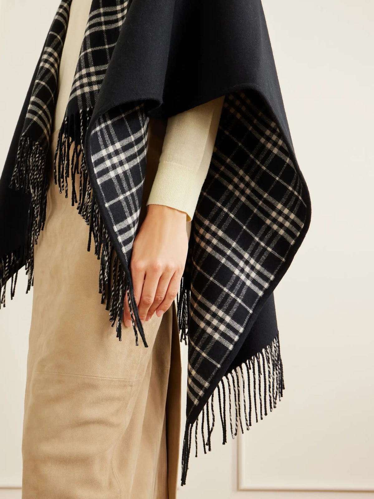 Reversible Fringed Checked Wool Cape
