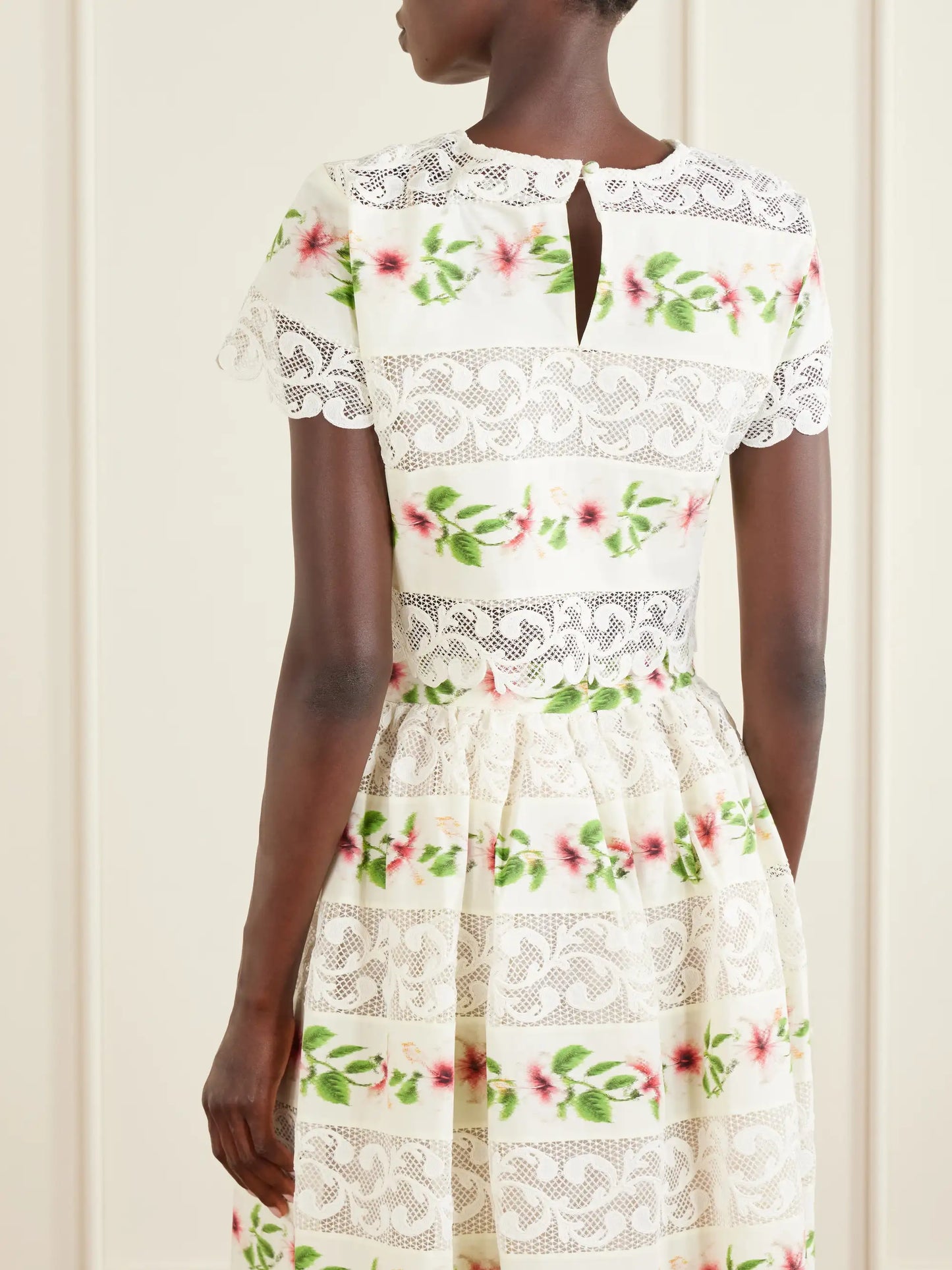 Floral-print Lace-trimmed Cotton-blend Poplin Blouse