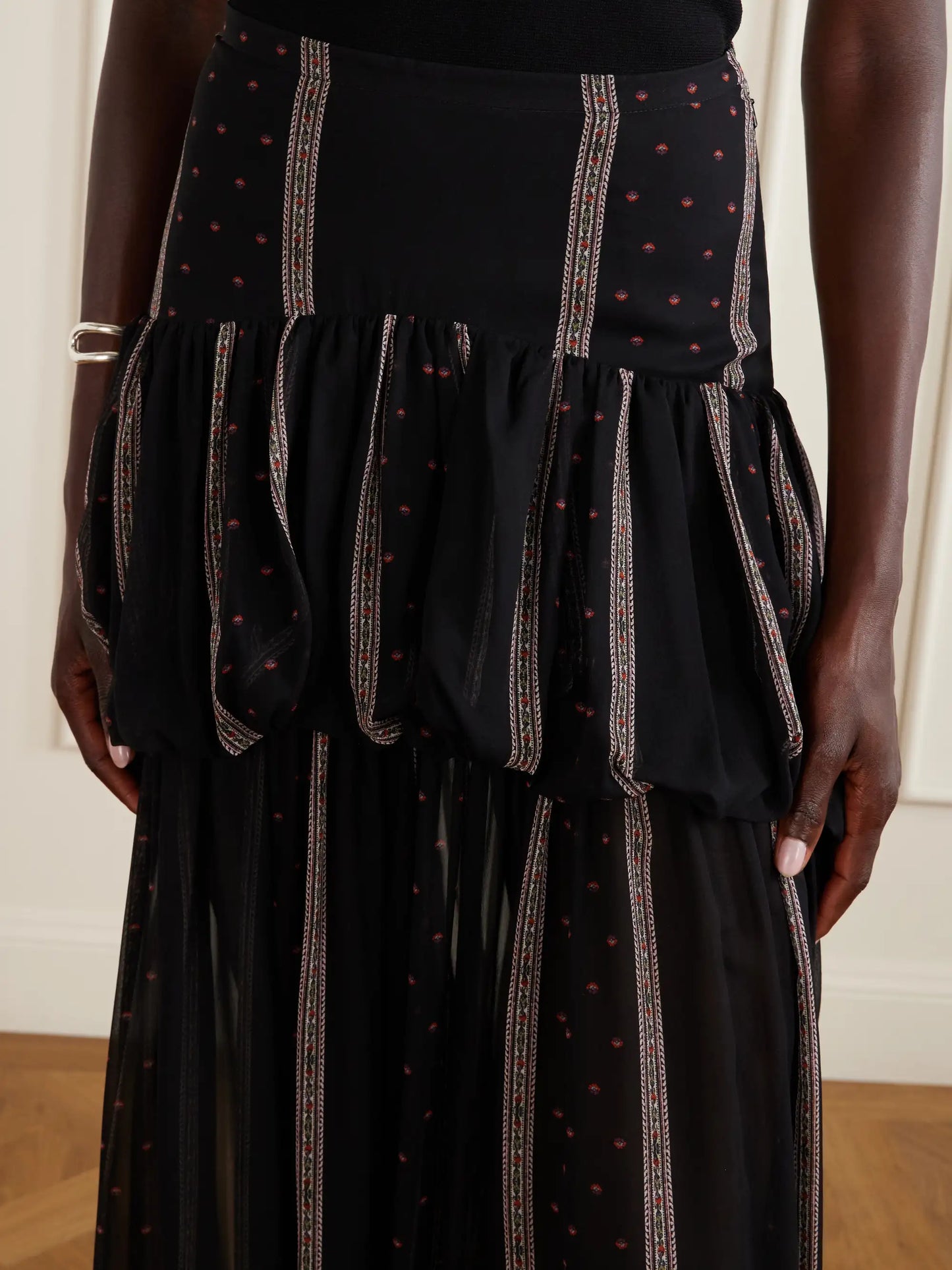 Nina Striped Peplum Silk Maxi Skirt