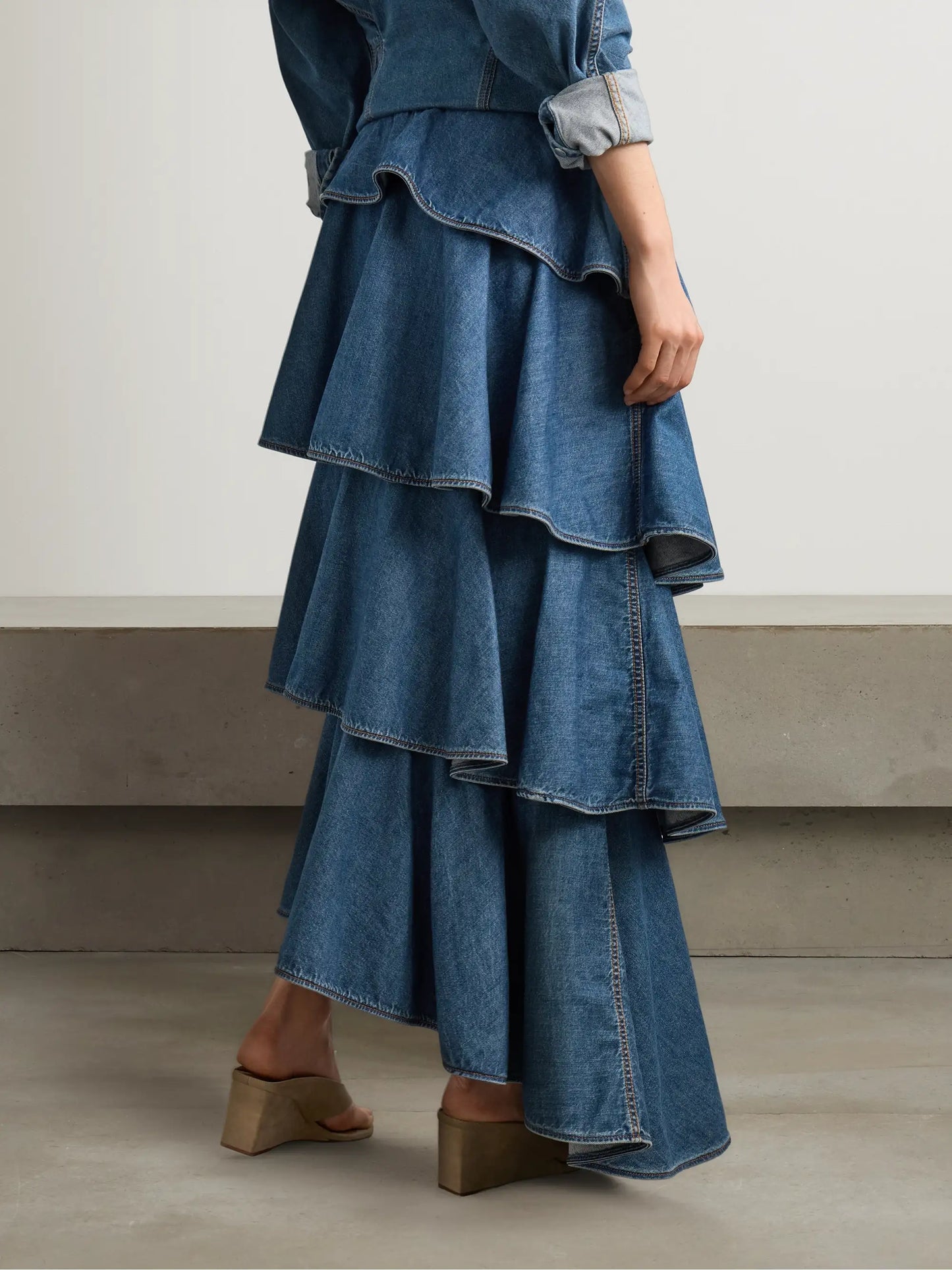 Asymmetric Ruffled Tiered Denim Skirt