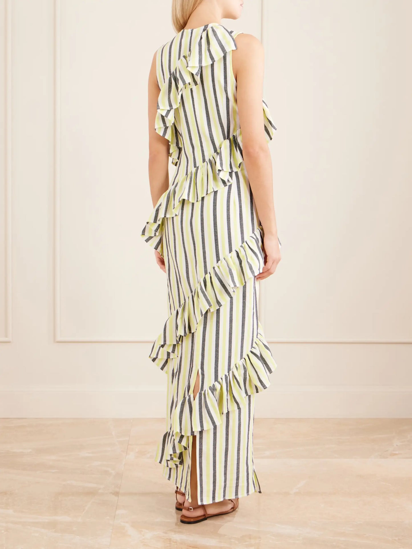 Spiral Ruffled Striped Cotton Maxi Dress