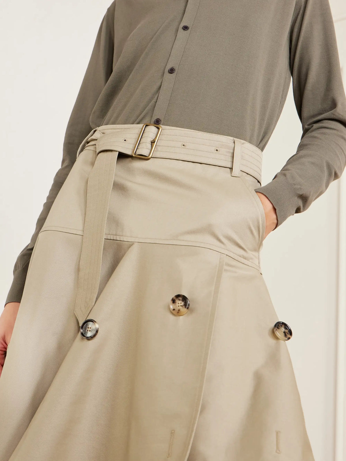 Burberry Heather Belted Asymmetric Cotton-gabardine Midi Skirt