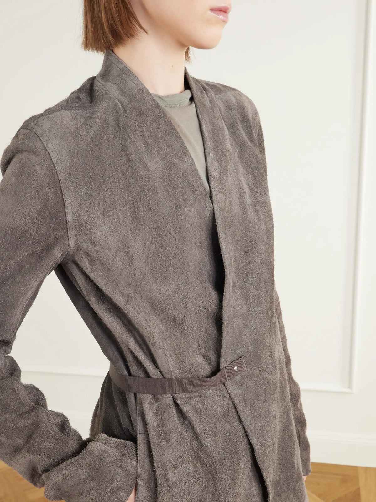 Rick Owens Belted Paneled Suede Wrap Coat