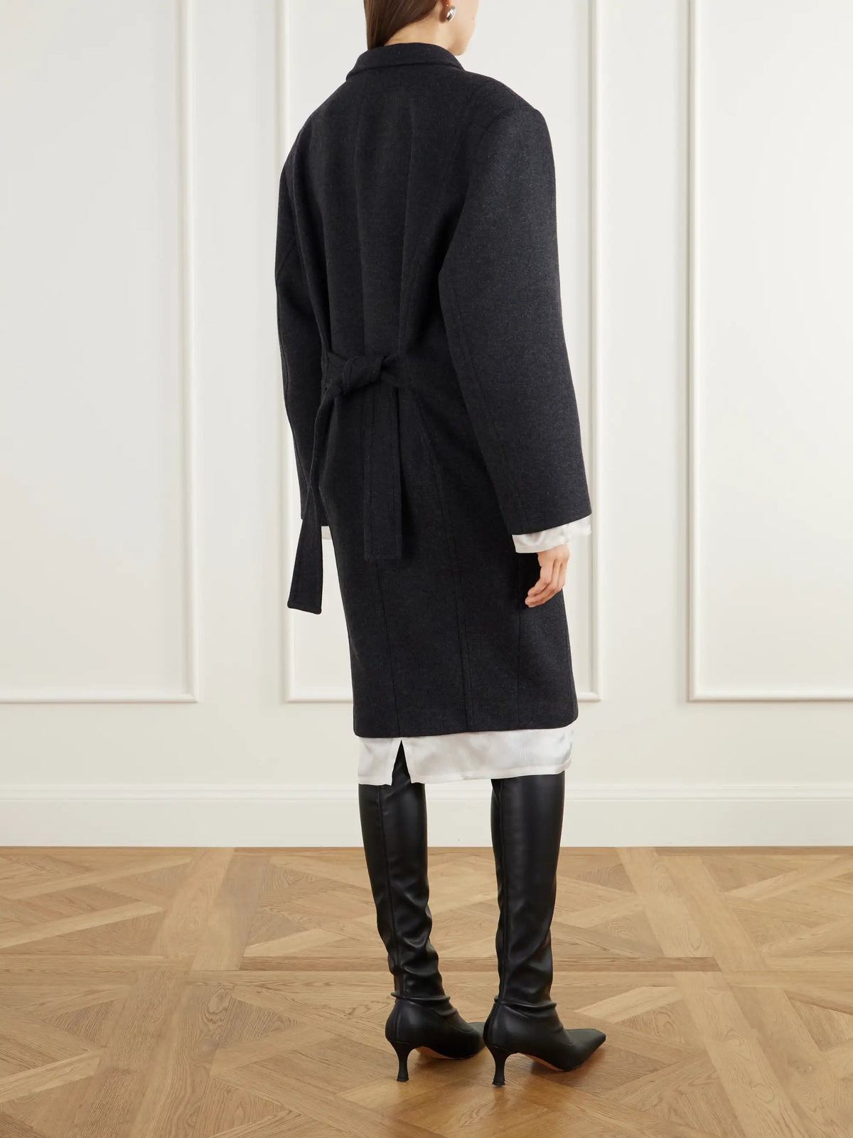 The Attico Double-breasted Crystal-embellished Satin-trimmed Wool-blend Twill Coat