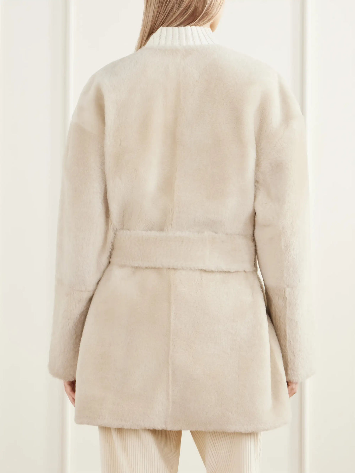 Almada Sasha Collarless Belted Shearling Coat