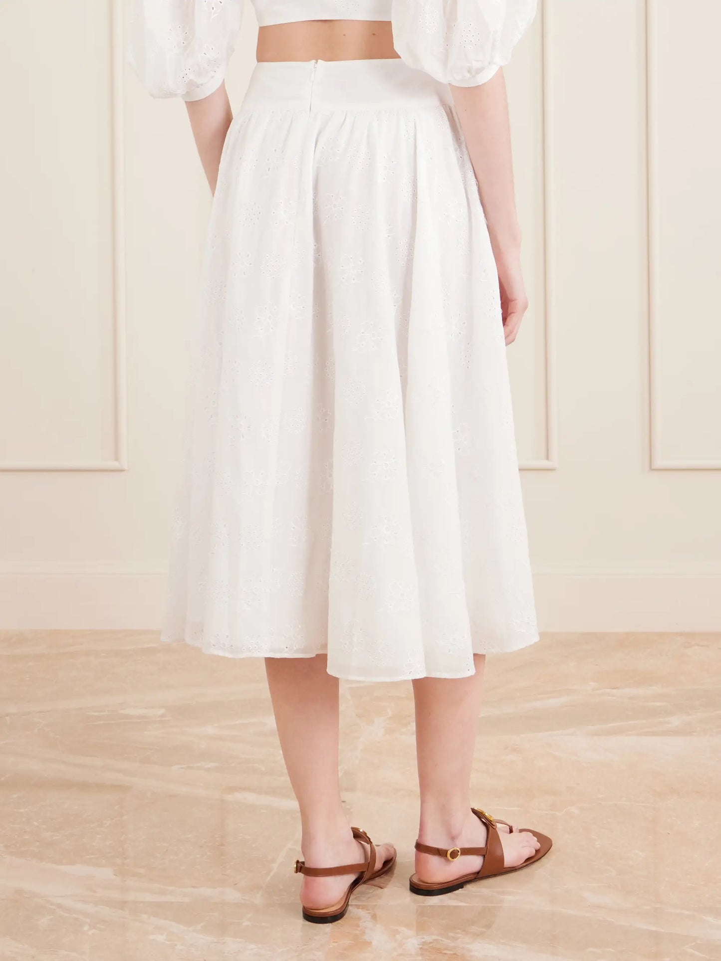 Pamela Pleated Broderie Anglaise Cotton Midi Skirt
