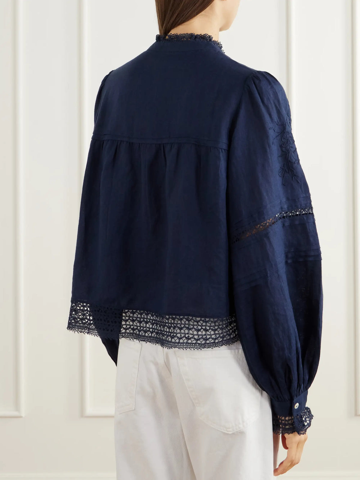 SKALL Velina Gathered Floral-embroidered Lace-trimmed Linen-twill Blouse
