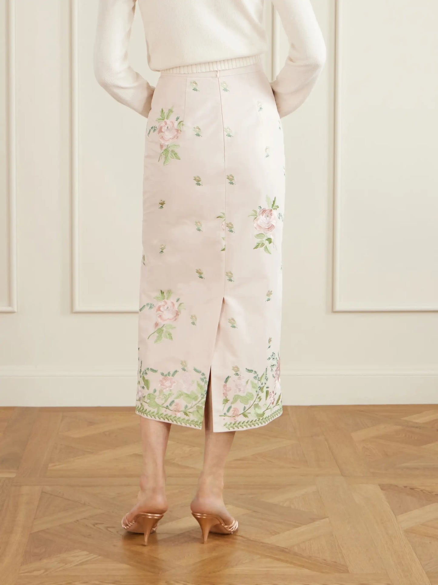 Floral-embroidered Cotton-faille Midi Skirt