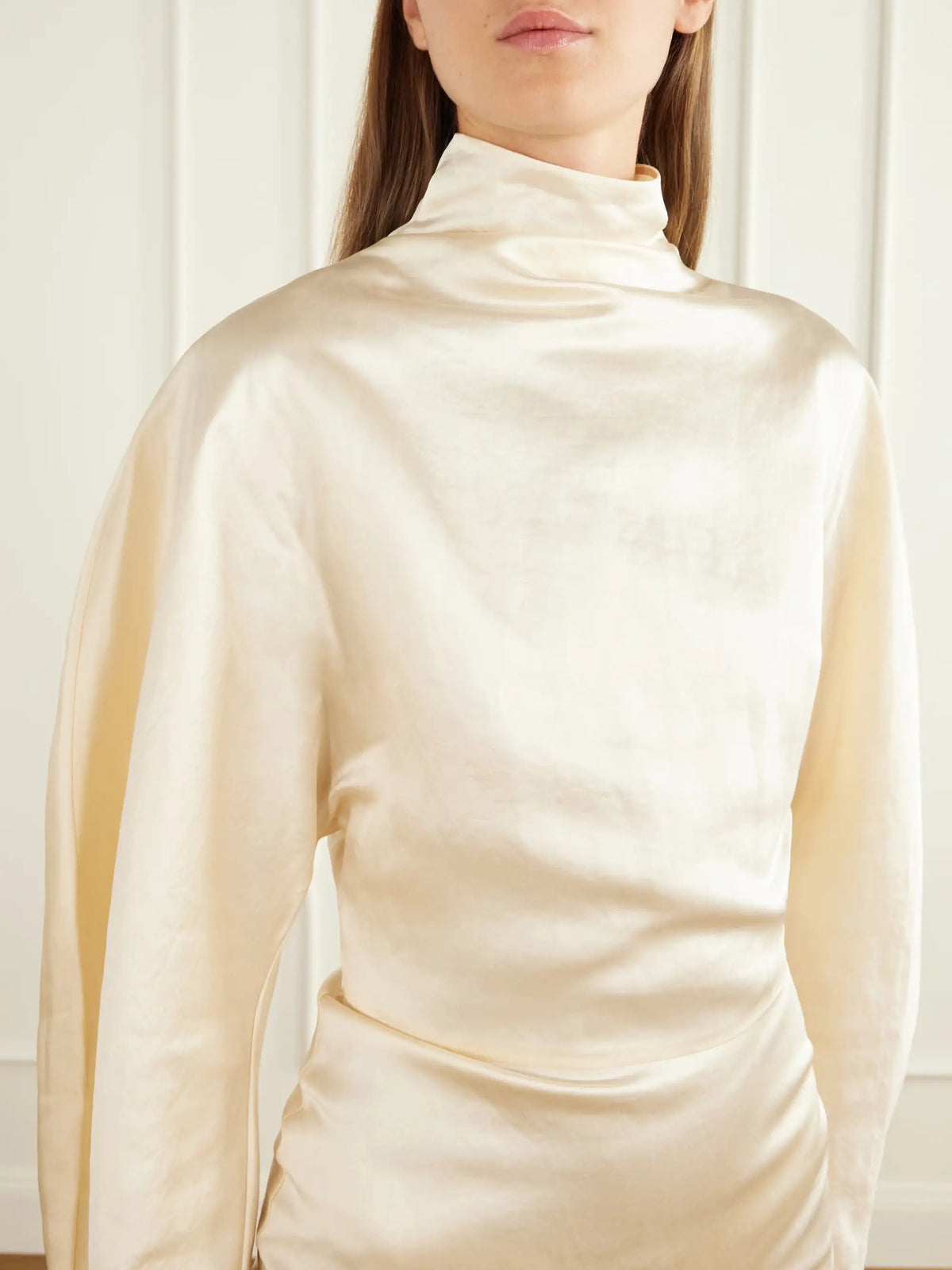 KHAITE Harlin Draped Satin Turtleneck Midi Dress