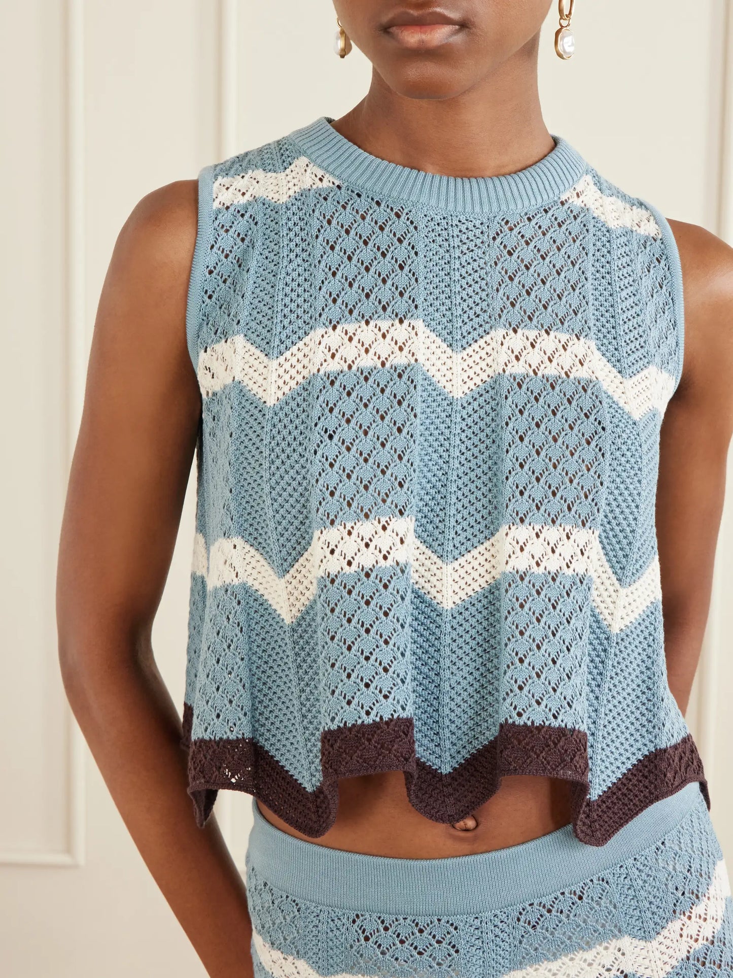 Scalloped Striped Pointelle-knit Cotton Tank