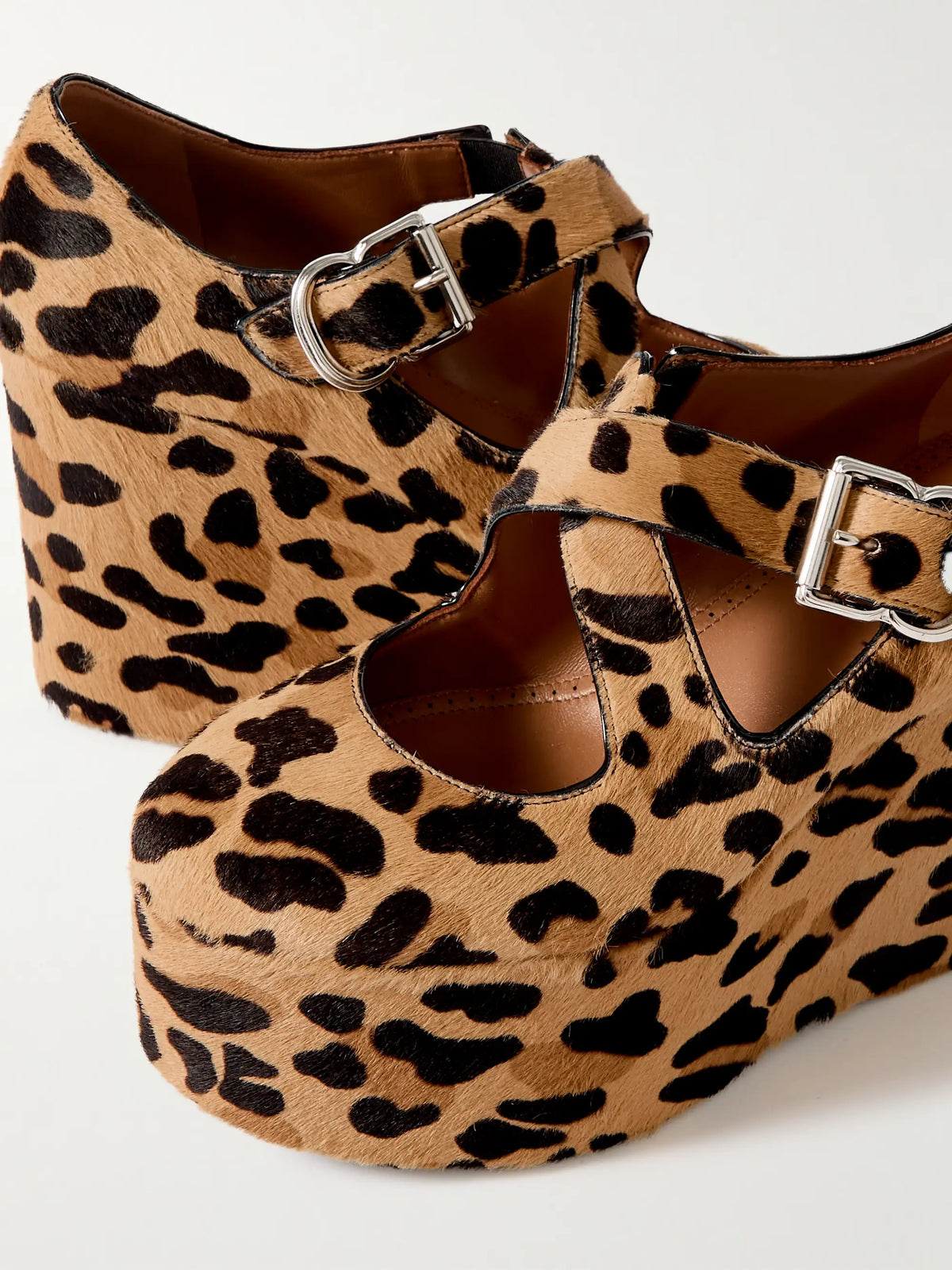 110 Leopard-print Calf Hair Platform Wedge Pumps