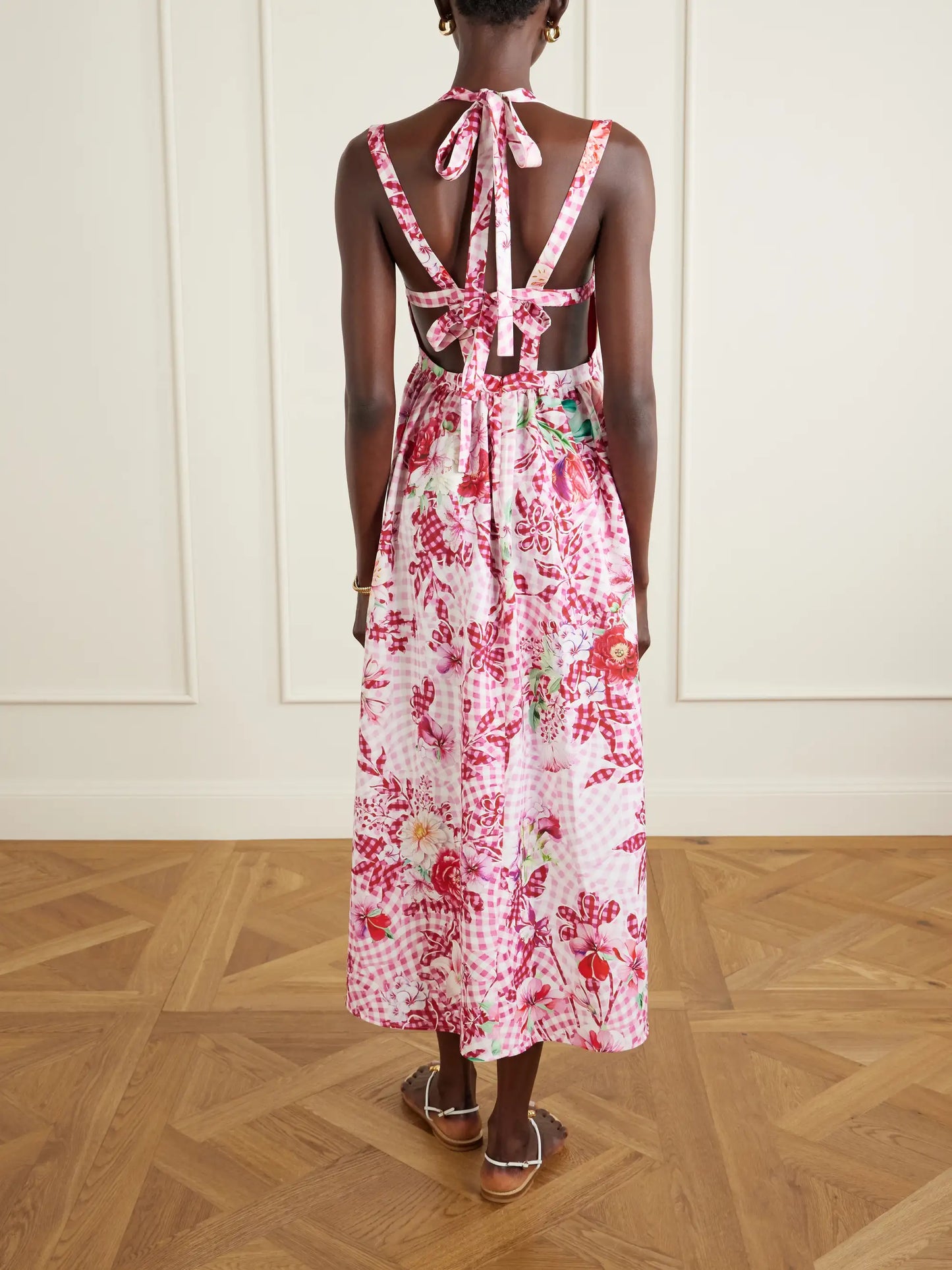 Alma Checked Floral-print Midi Dress