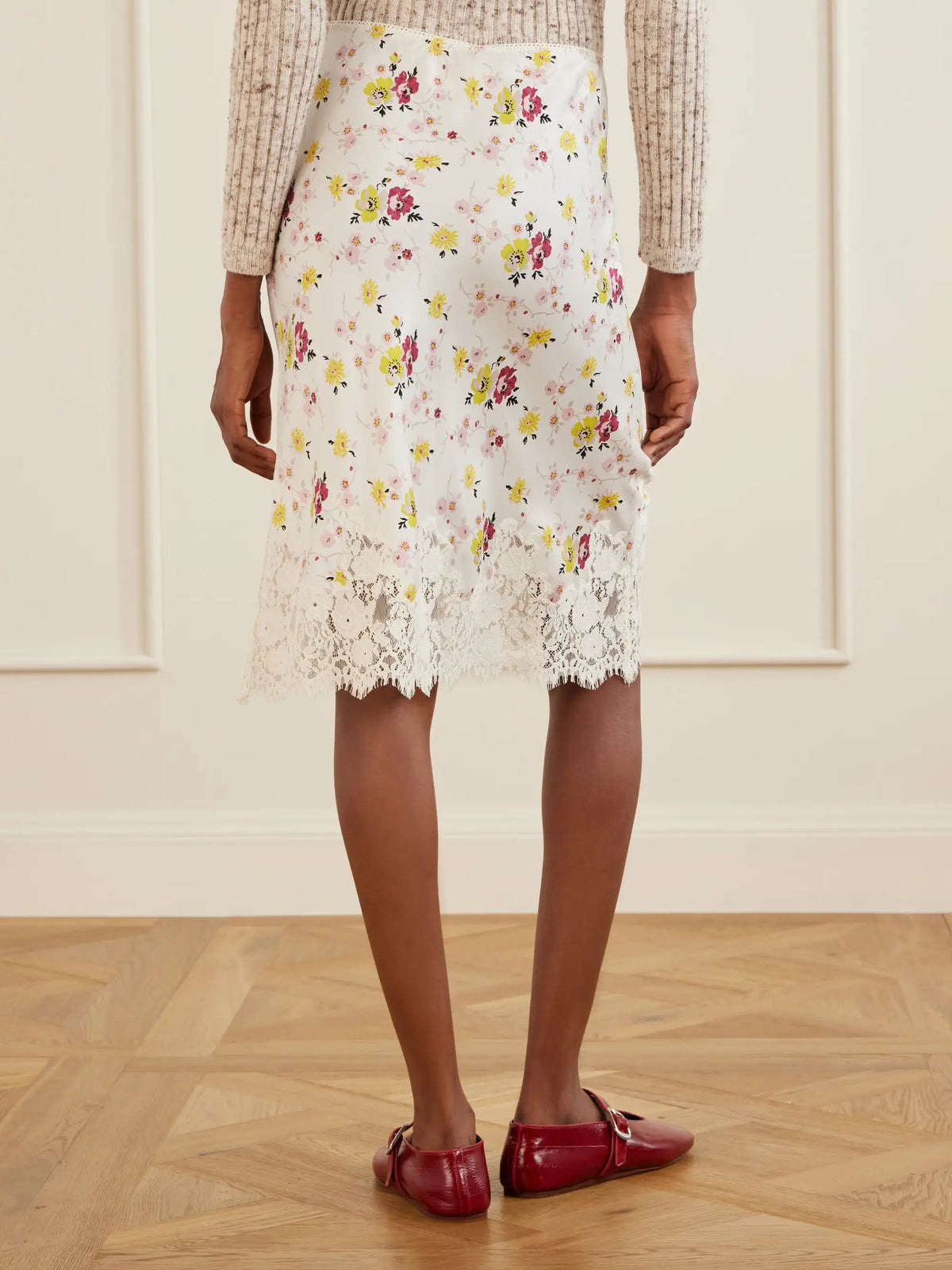DÔEN Elowette Floral-print Lace-trimmed Silk-satin Knee-length Skirt