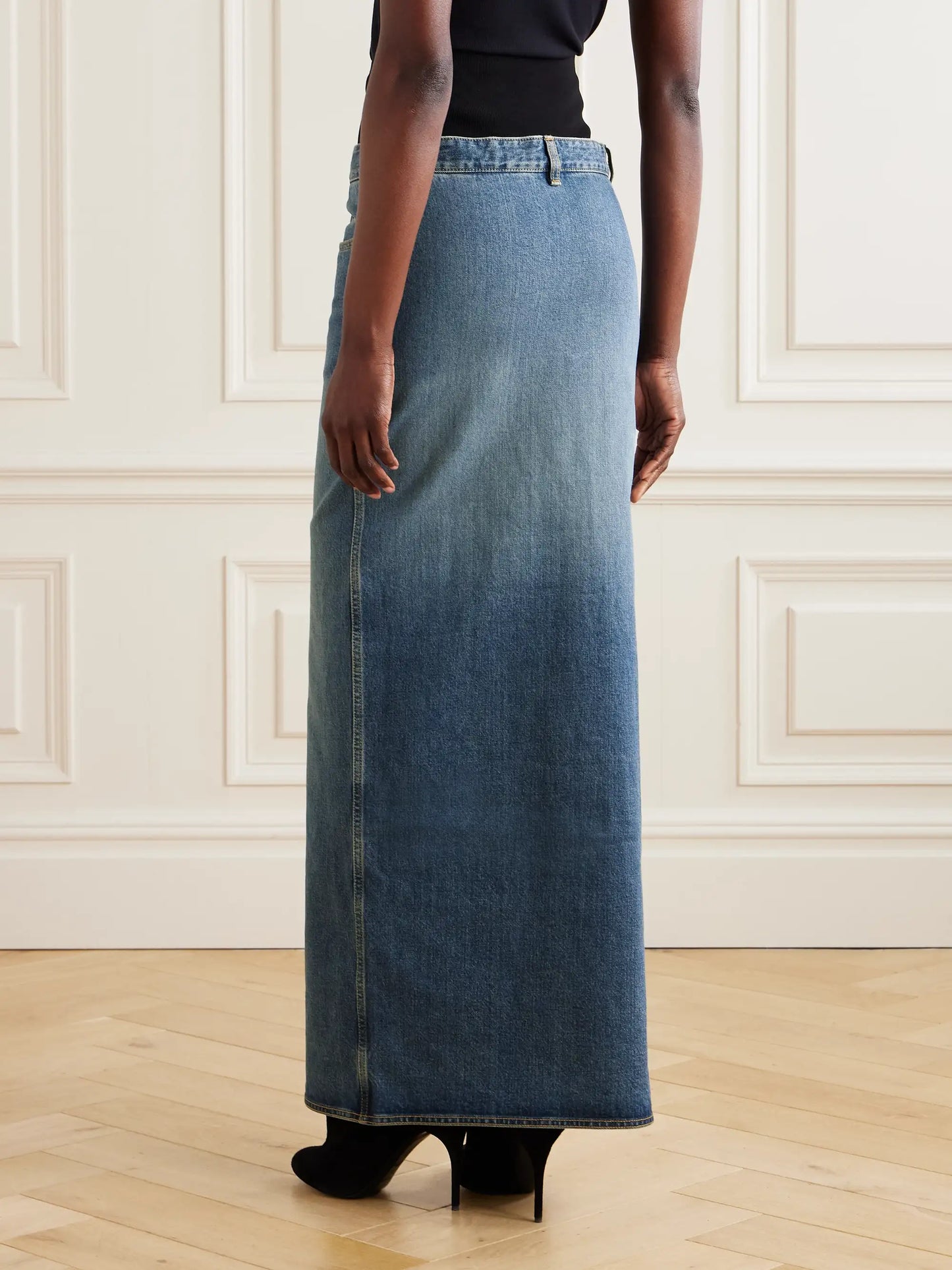 Layered Jersey-trimmed Denim Maxi Skirt