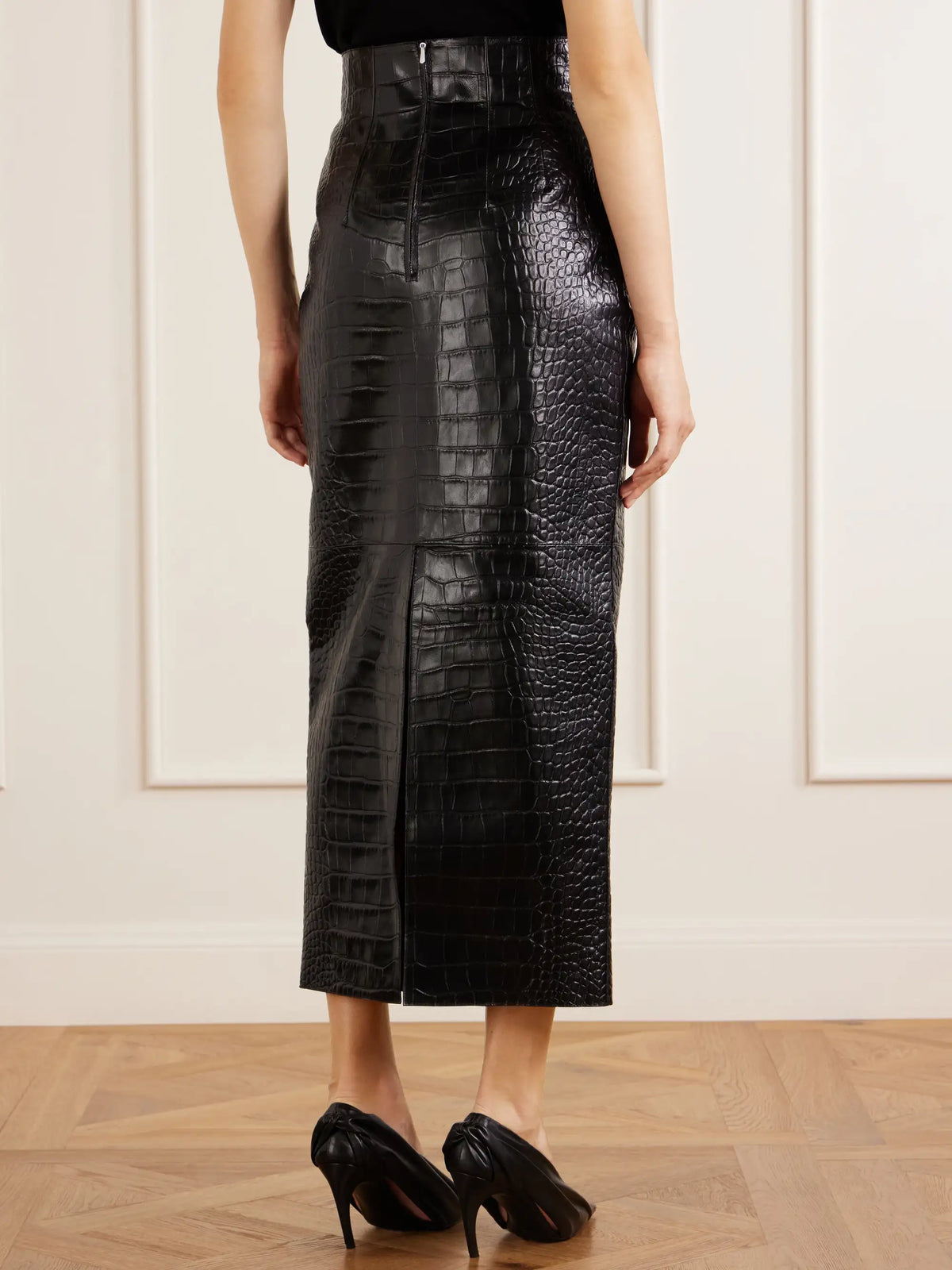 KHAITE Loxley Croc-effect Leather Midi Skirt