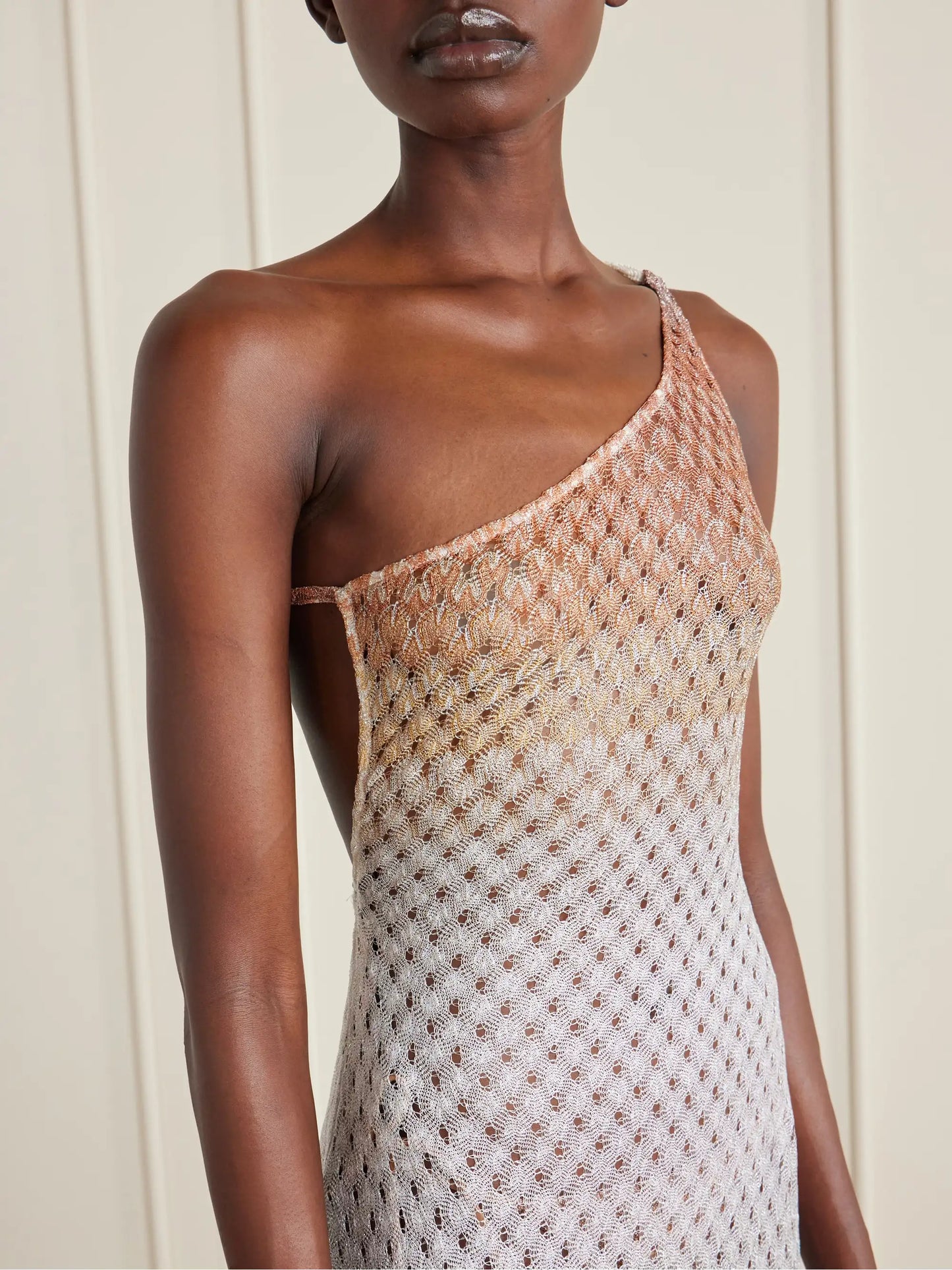 One-shoulder Metallic Crochet-knit Coverup