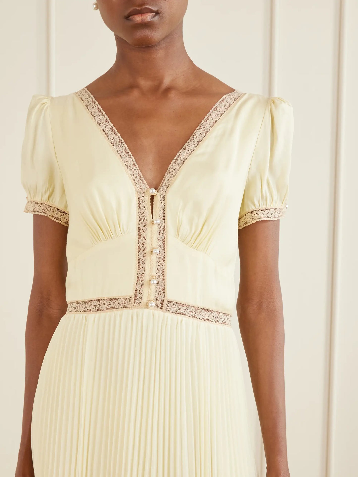 Lace-trimmed Pleated Crepe Midi Dress